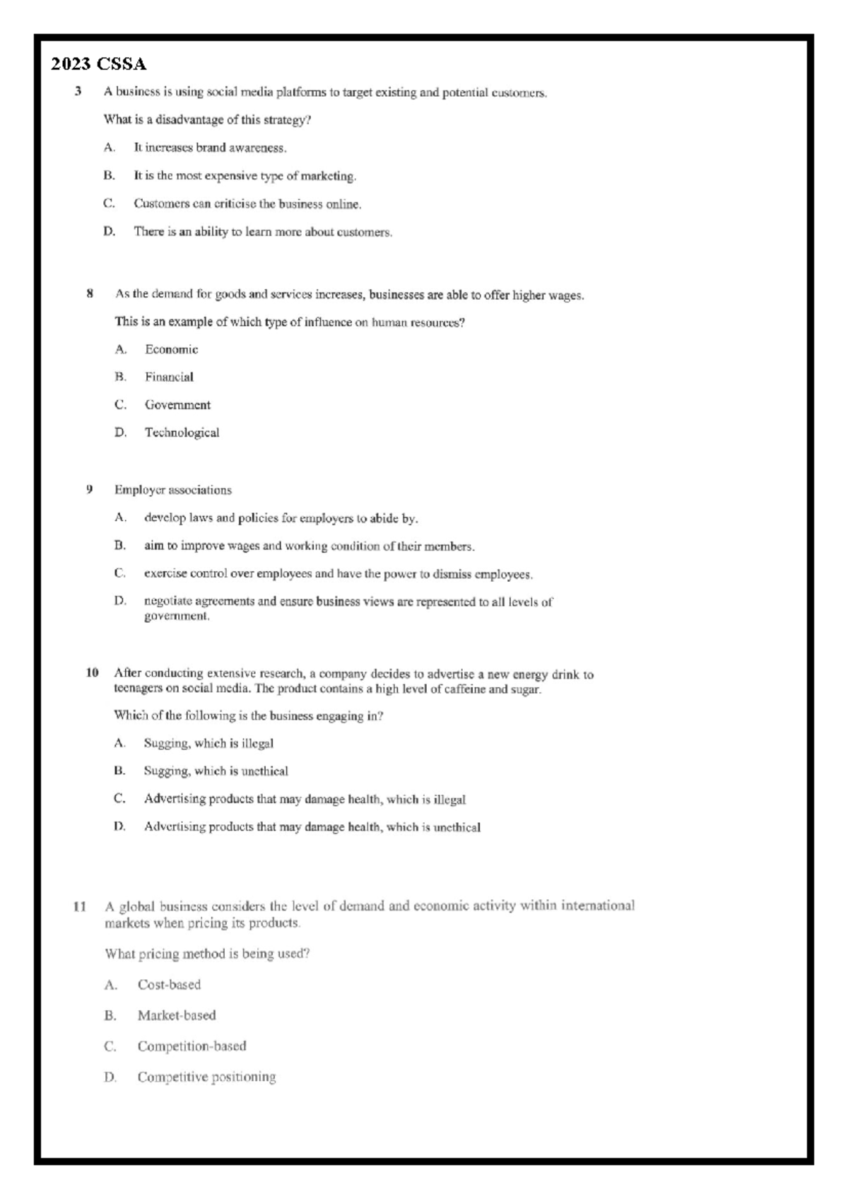 Marketing & hr questions - 2023 CSSA HSC EXTENDED RESPONSE QUESTIONS ...
