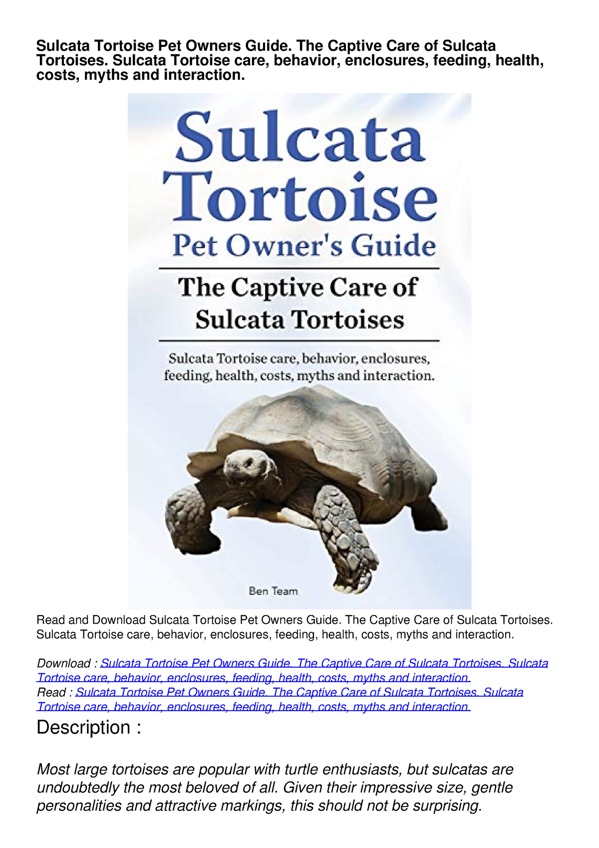 PDF BOOK Sulcata Tortoise Pet Owners Guide. The Captive Care of Sulcata ...