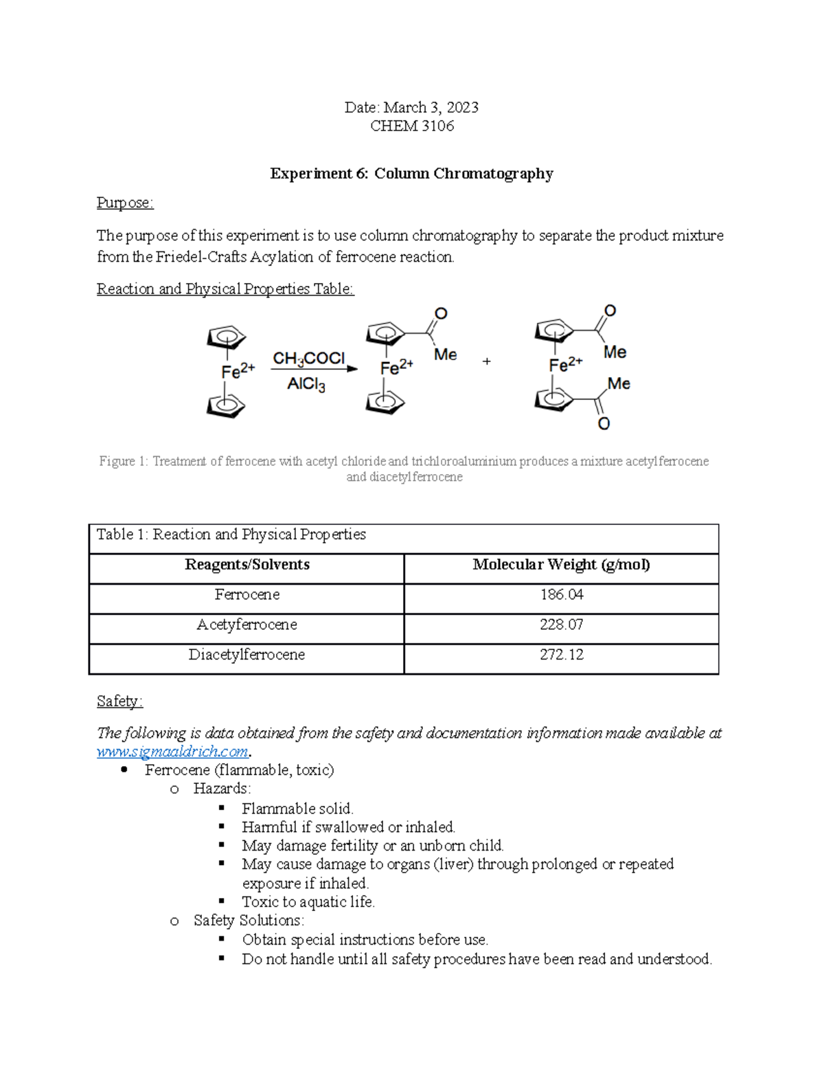 Lab 6: Column Chromatography - Date: March 3, 2023 CHEM 3106 Experiment ...