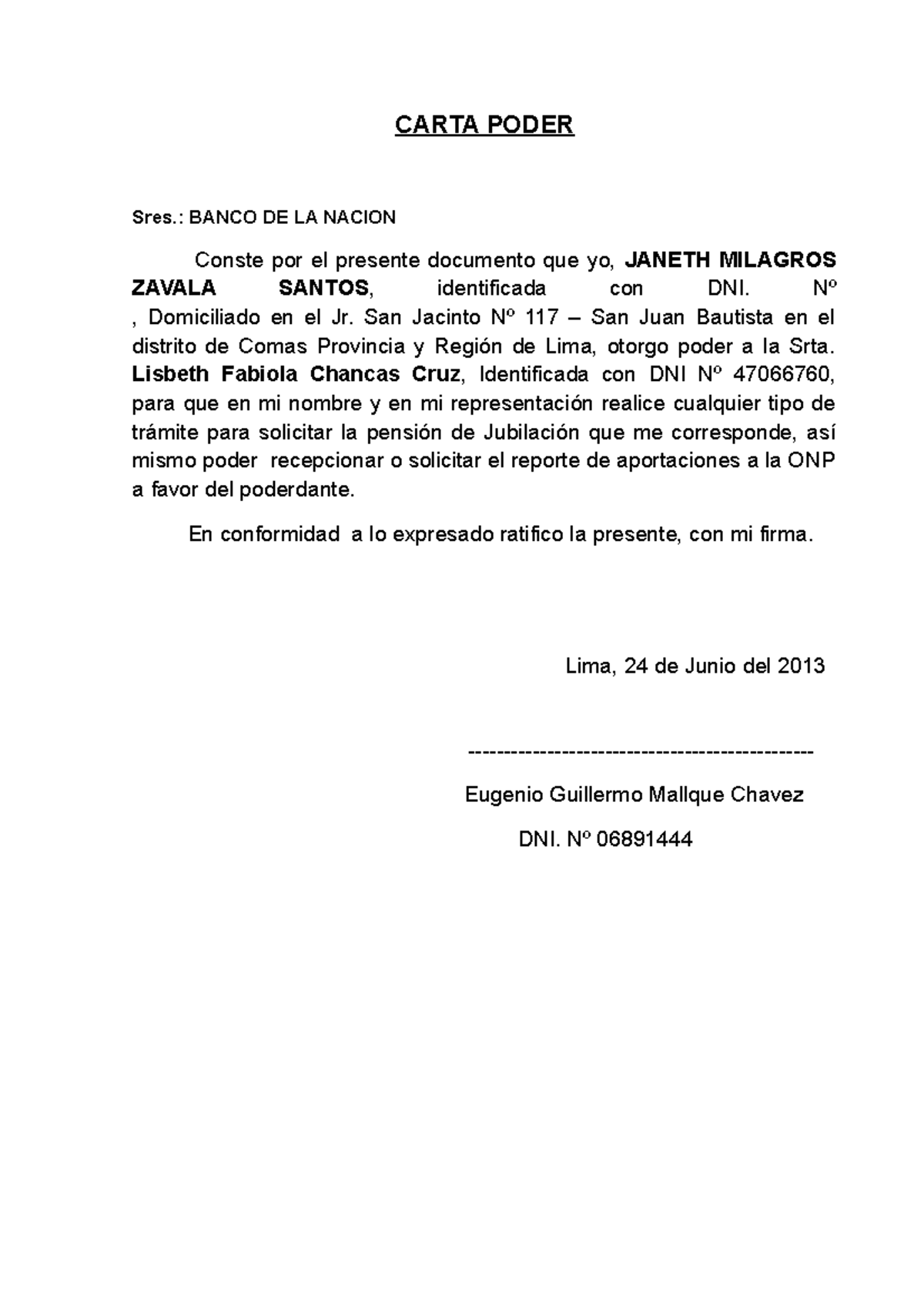 Otorgar Poder PARA Recepcionar Cuenta Bancaria - CARTA PODER Sres ...