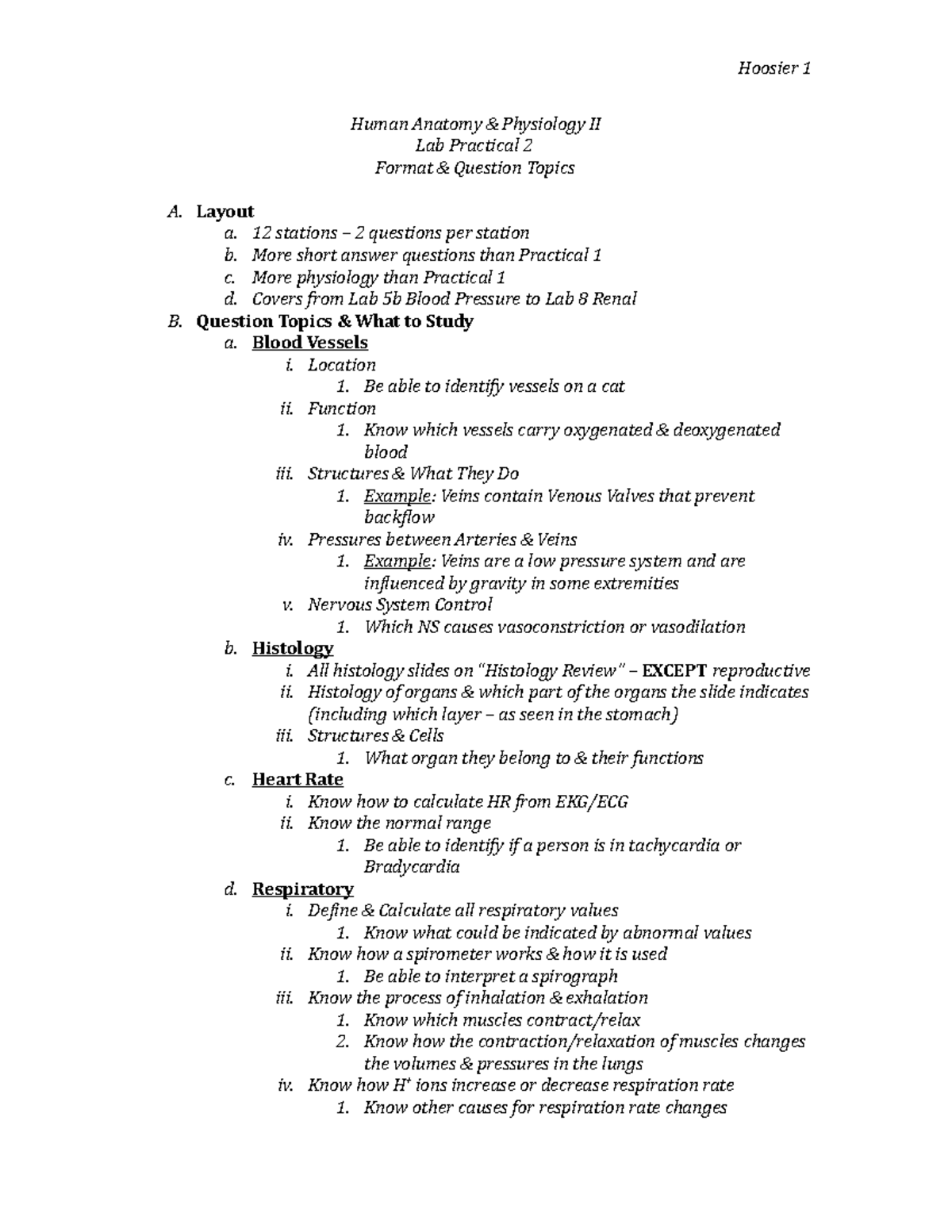 Anatomy And Physiology 2 Lab Practical Study Guide Lab Practical 2 Study Guide - Hoosier 1 Human Anatomy & Physiology II