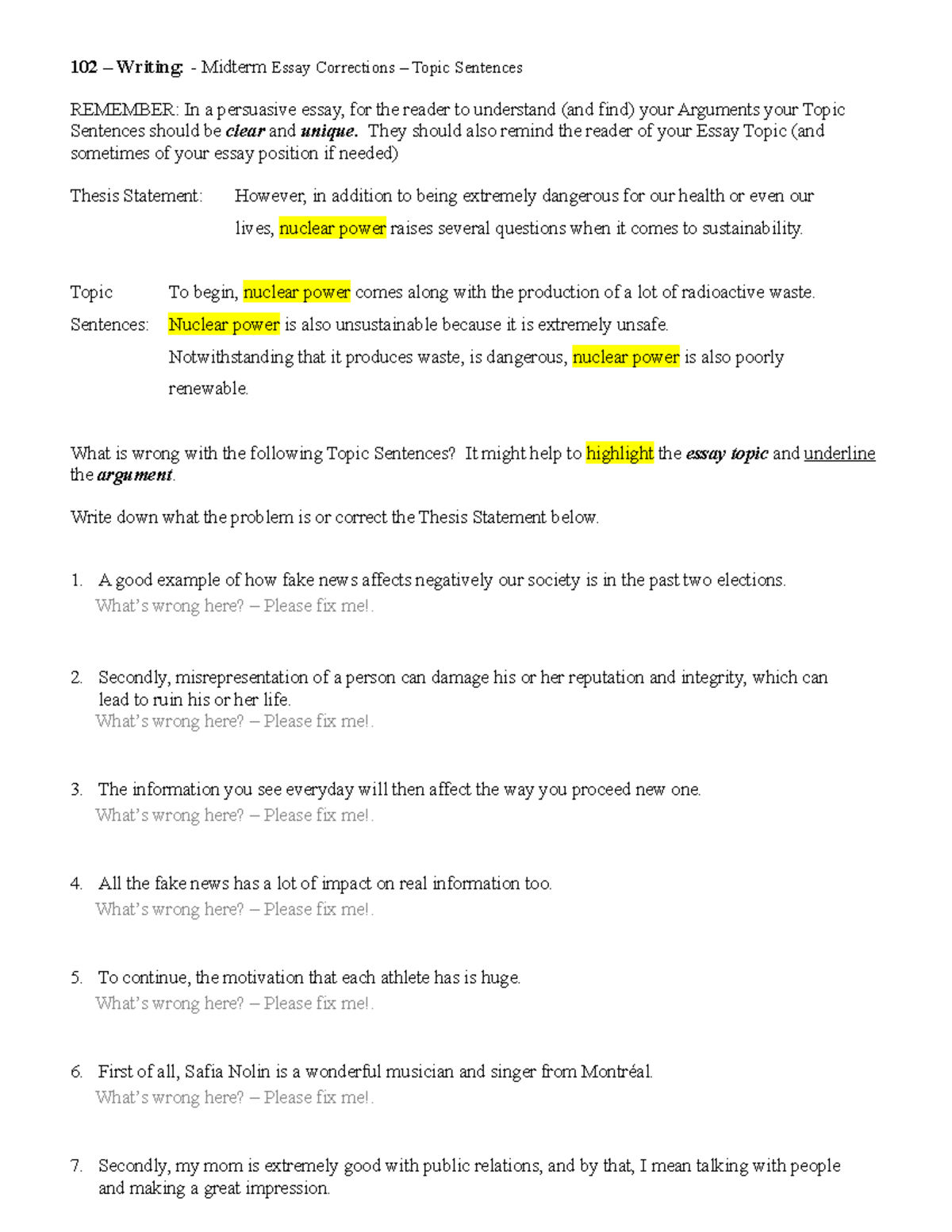 Class 11 Essay Corrections Topic Sentences 102 Writing