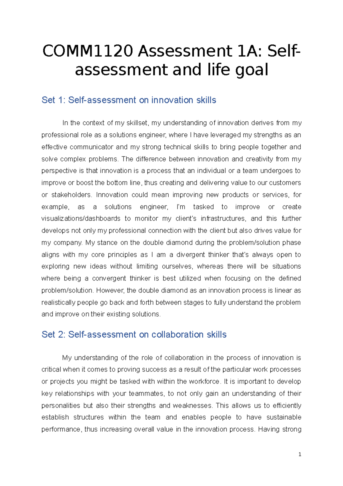 COMM1120 Assessment 1A Self assessment And Life Goal COMM1120 Assessment 1A Self 