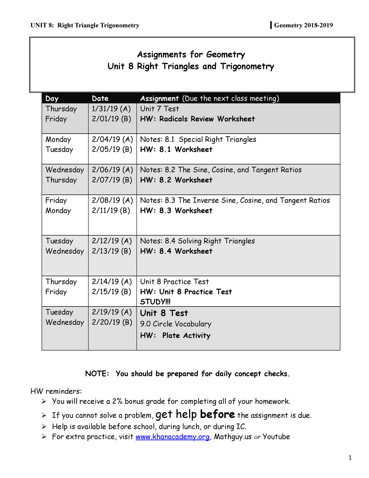 Geom Unit 20 Teacher Notes 20 - Assignments for Geometry Unit 20 With Regard To 5 8 Special Right Triangles Worksheet%