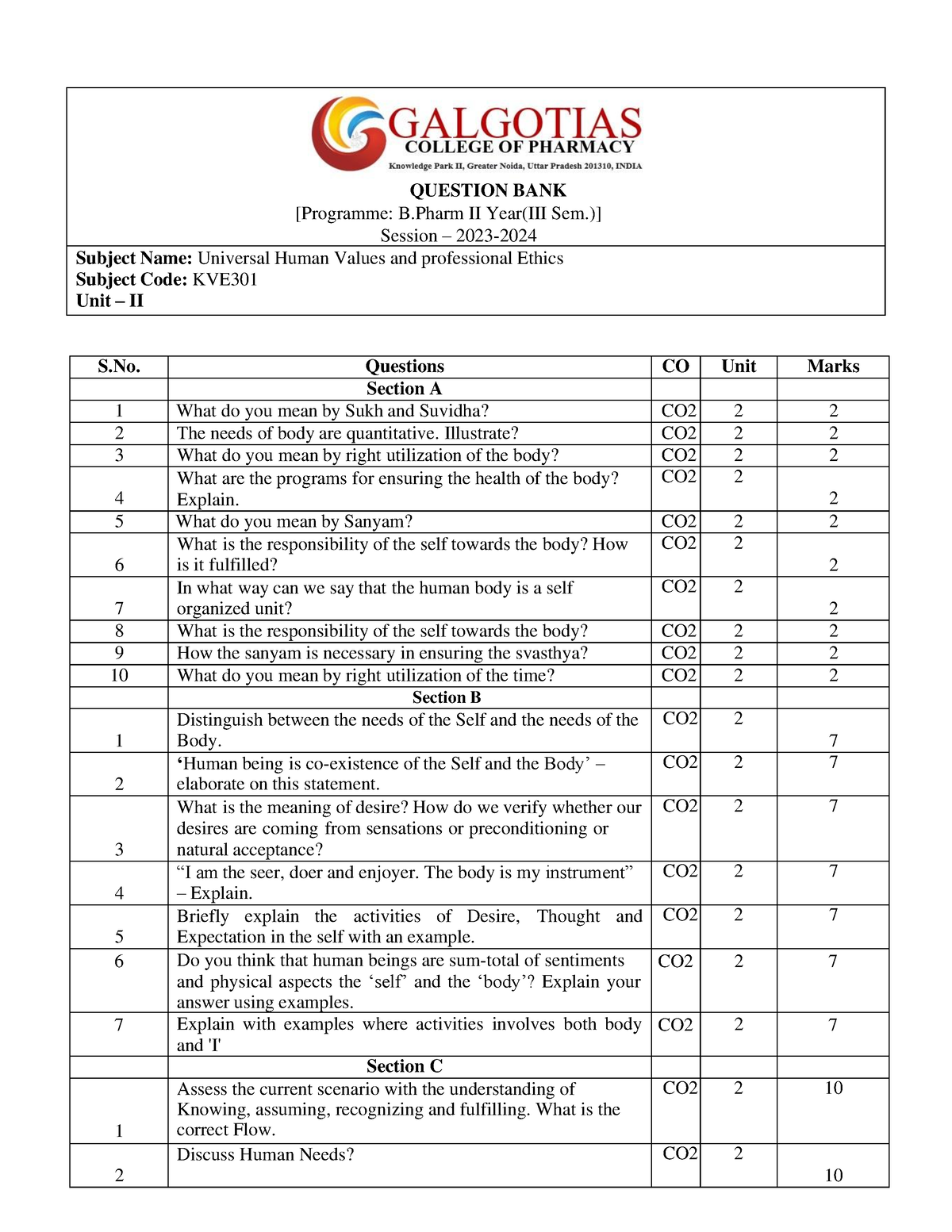 Question Bank Unit II Uhvpe - QUESTION BANK [Programme: B II Year(III ...