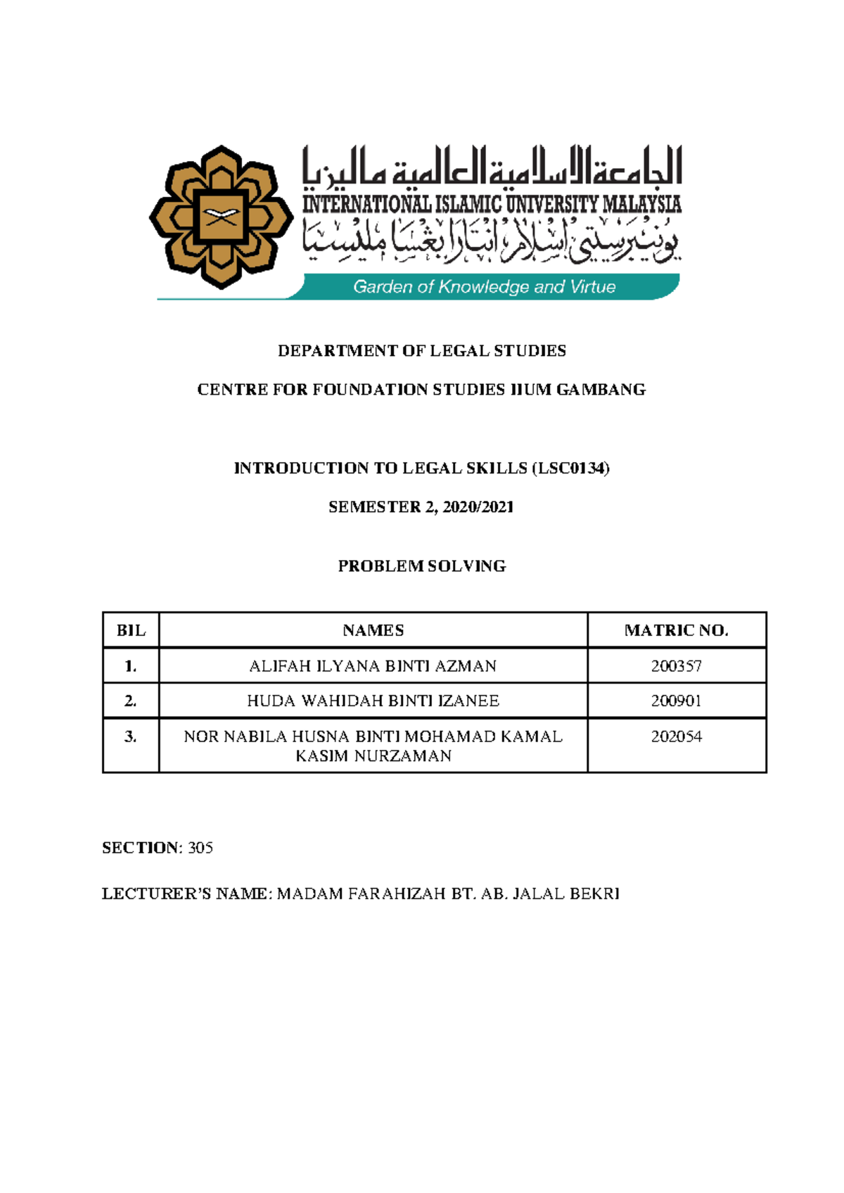 Problem Solving LS - DEPARTMENT OF LEGAL STUDIES CENTRE FOR FOUNDATION ...