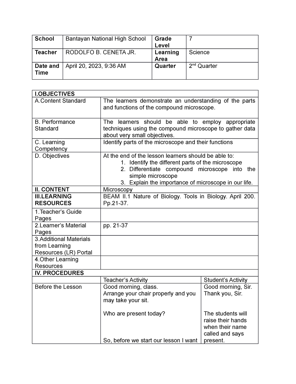 Ceneta Rodolfo JR. BEJO EDUC 5 Lesson Planning - School Bantayan ...