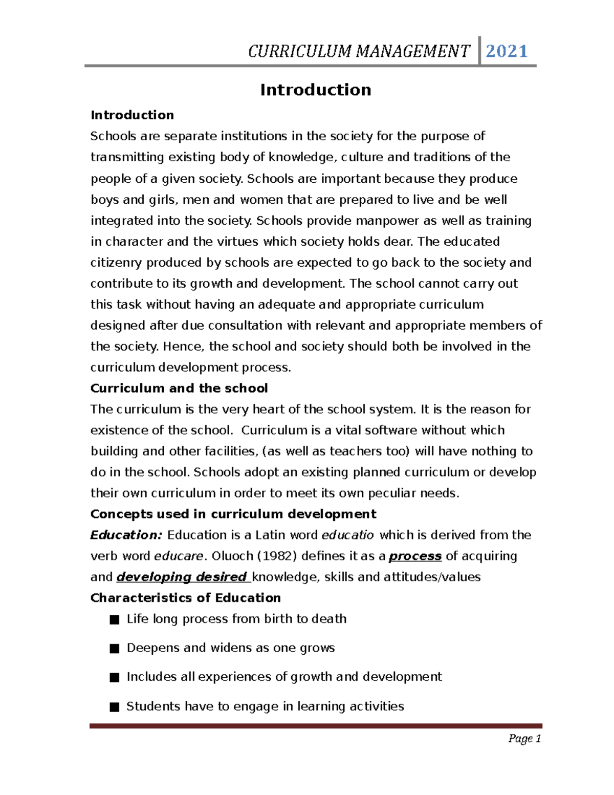 Curriculum 1 - Good - Introduction Introduction Schools are separate ...