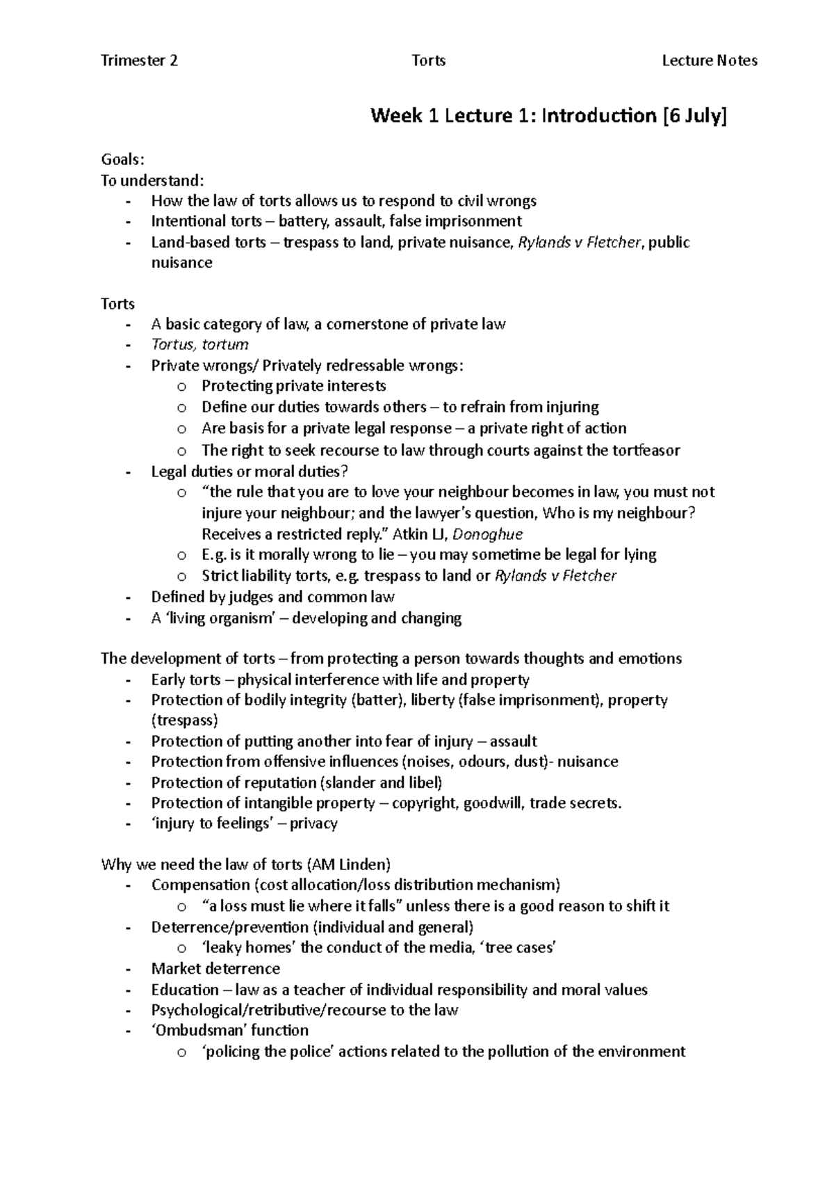 Tort Lecture Notes - Tri 2 - The Law of Torts - Victoria University ...