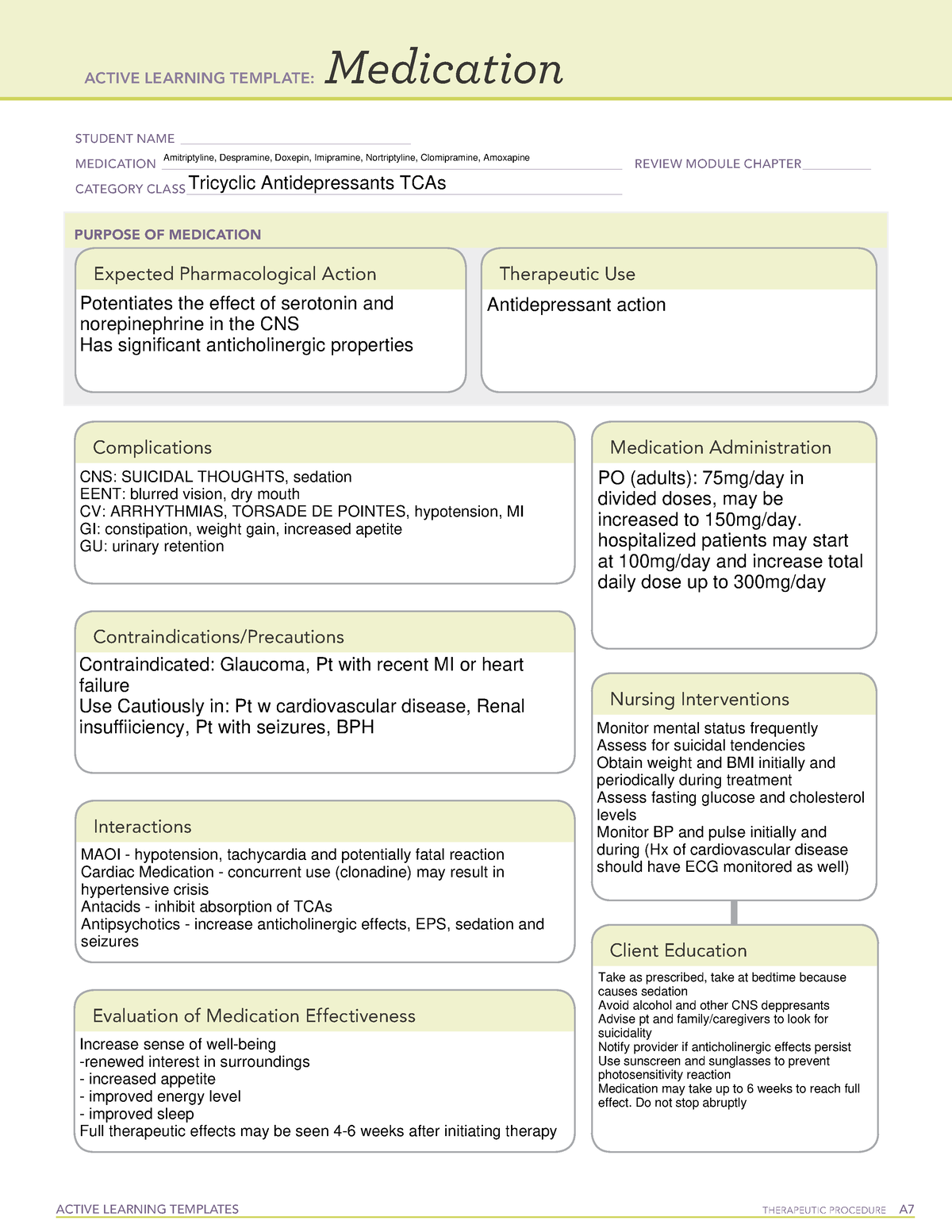 TCAs Medication ATI Template Mental Health ACTIVE LEARNING TEMPLATES