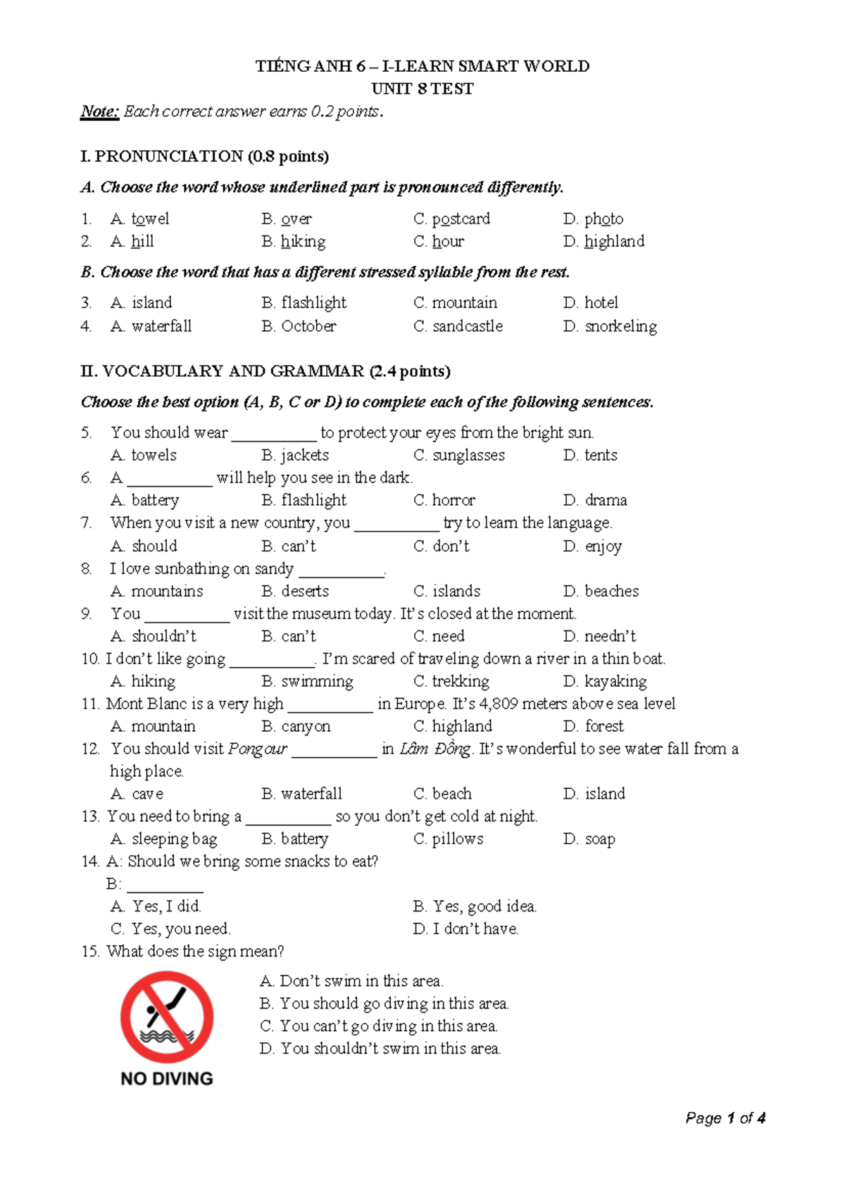 Tiếng Anh 6 Smart World - Unit 8 Test - TI¾NG ANH 6 3 I-LEARN SMART ...