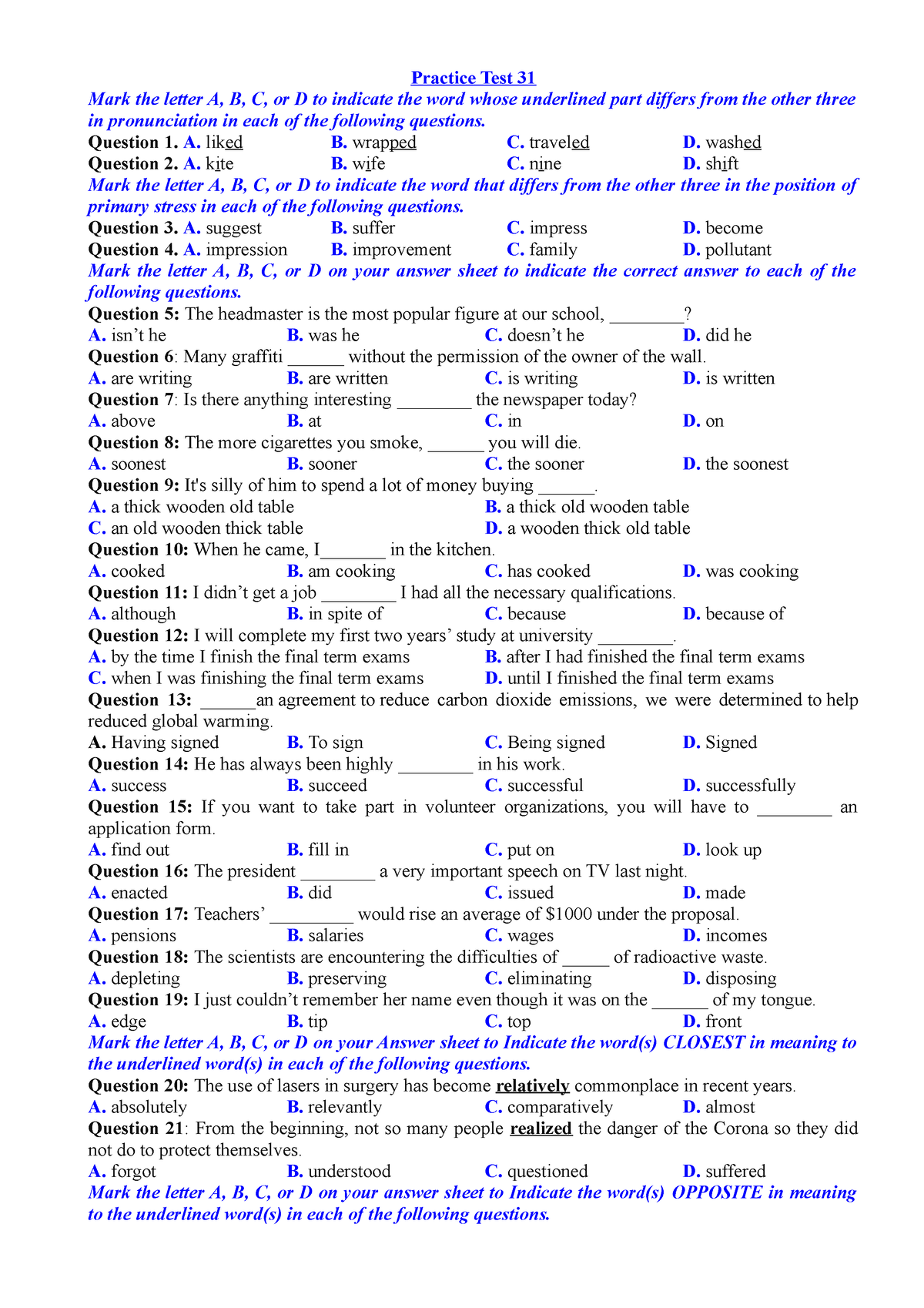 Practice Test 31-k12 - Sjnkd - Practice Test 31 Mark The Letter A, B, C ...