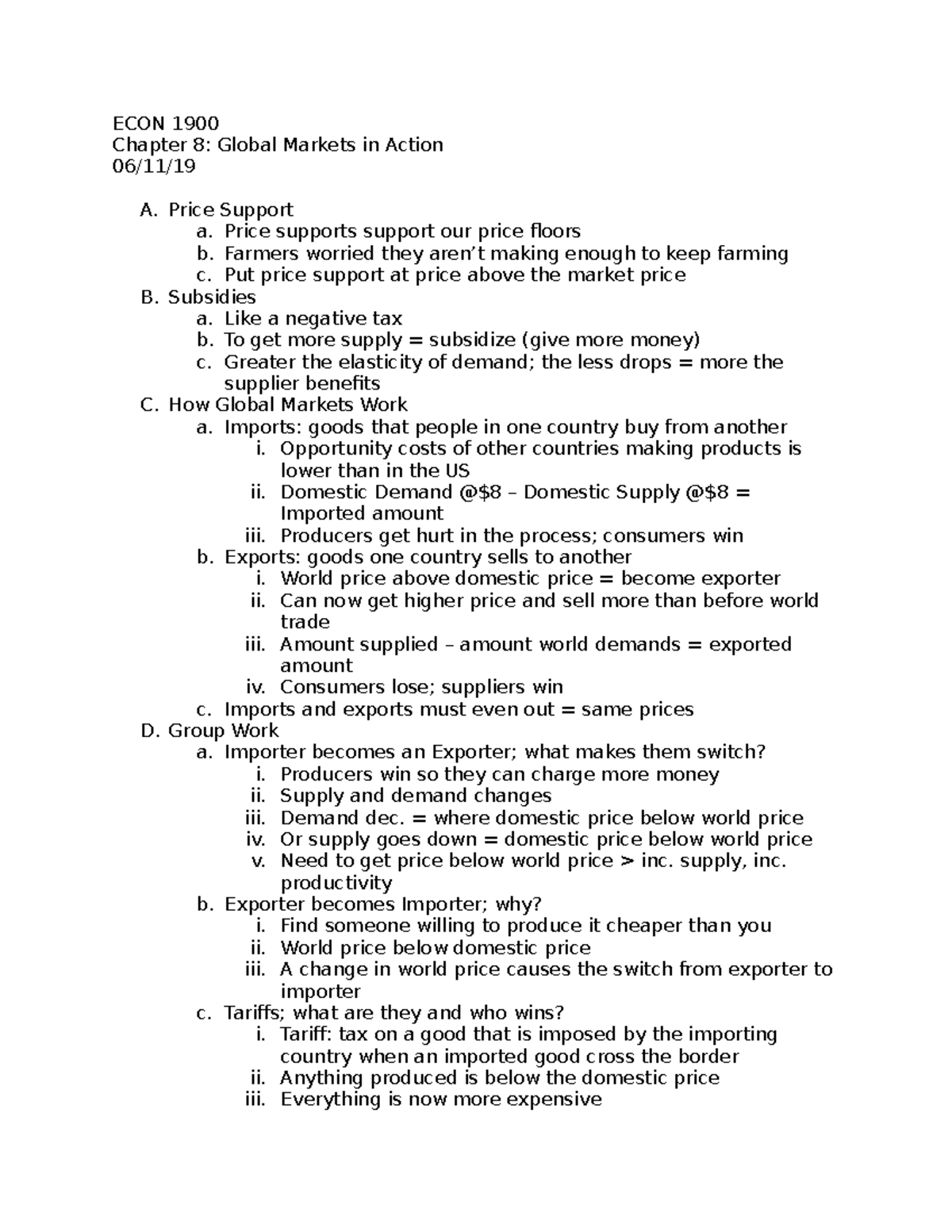 In-class chap 8 lecture notes - ECON 1900 Chapter 8: Global Markets in ...