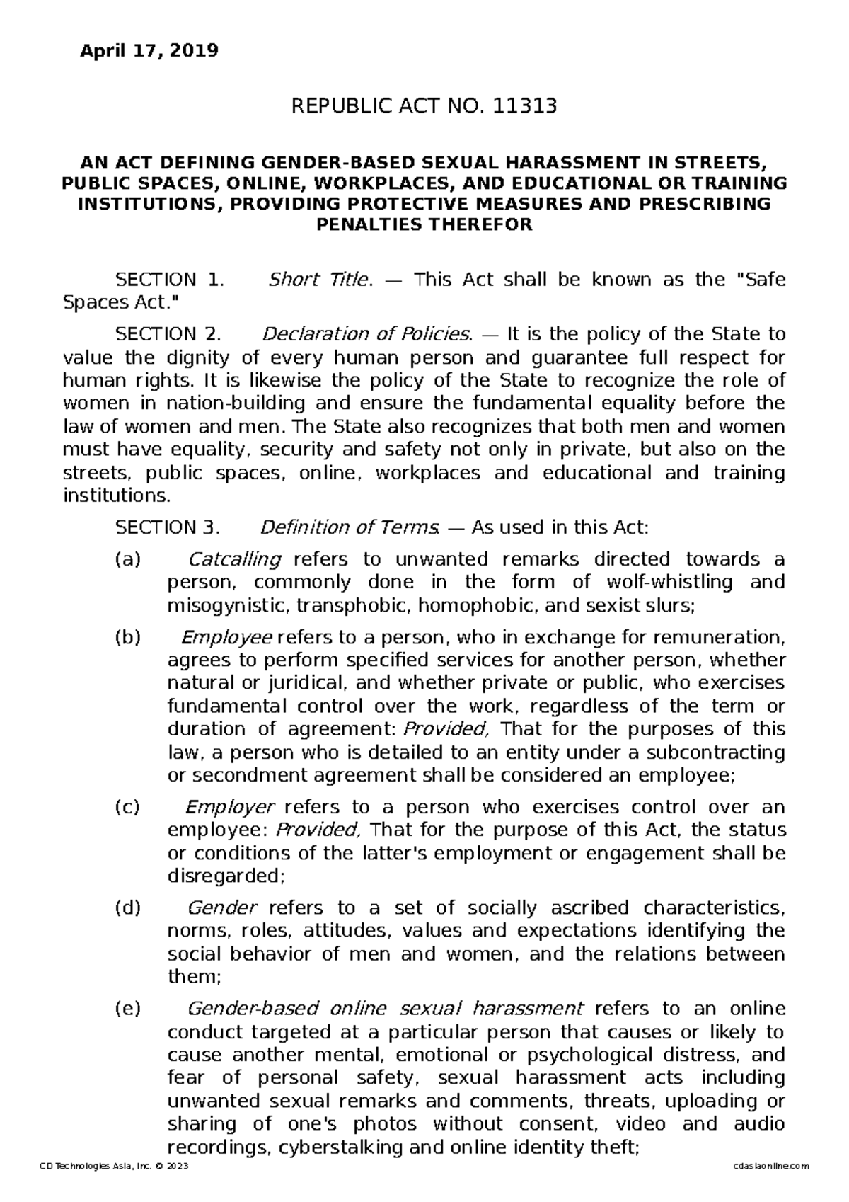 RA 11313 Safe Spaces Act - April 17, 2019 REPUBLIC ACT NO. 11313 AN ACT ...