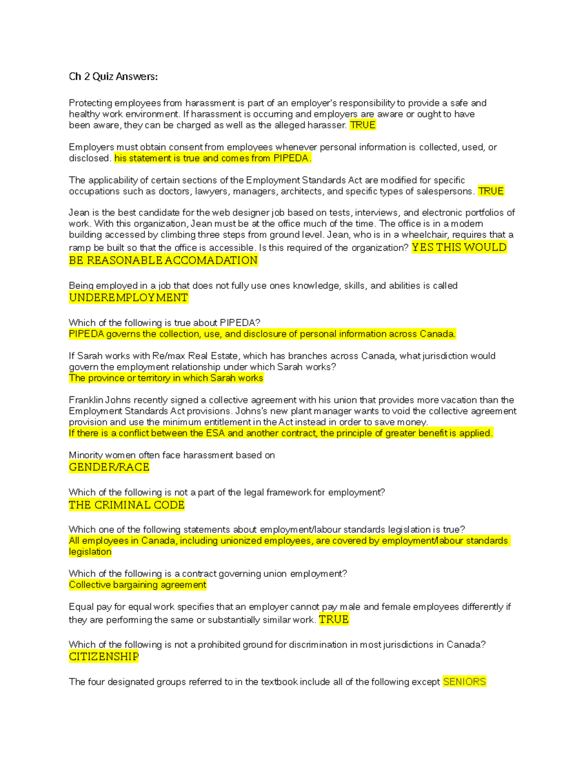 Human resource management quiz MGT4110 Algonquin College Studocu