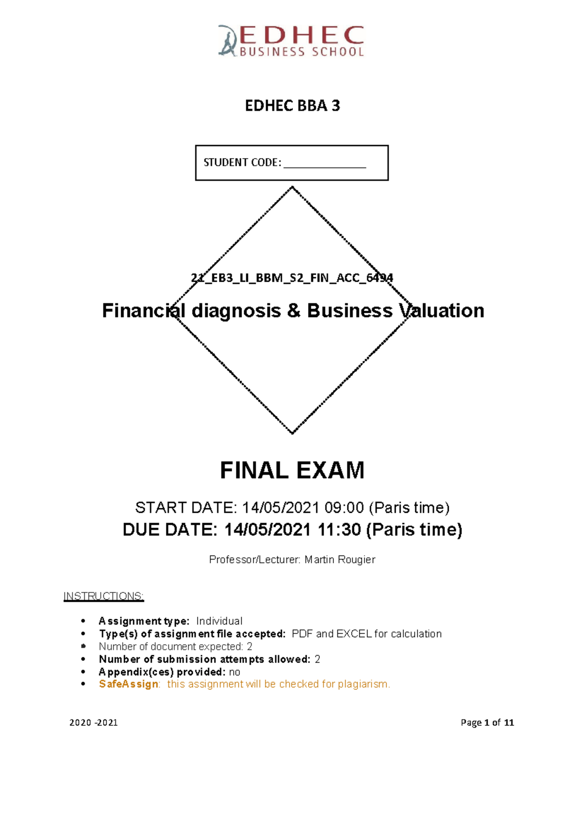 FDBV Final Exam - exam - EDHEC BBA 3 21_EB3_LI_BBM_S2_FIN_ACC ...