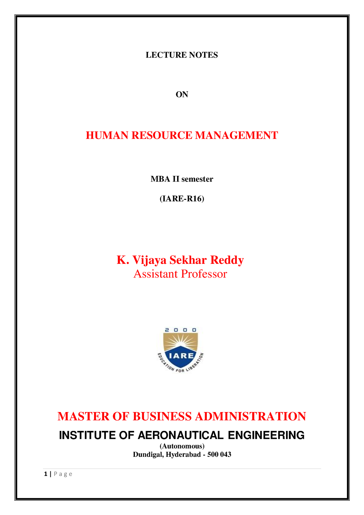 HRM Notes - LECTURE NOTES ON HUMAN RESOURCE MANAGEMENT MBA II Semester ...