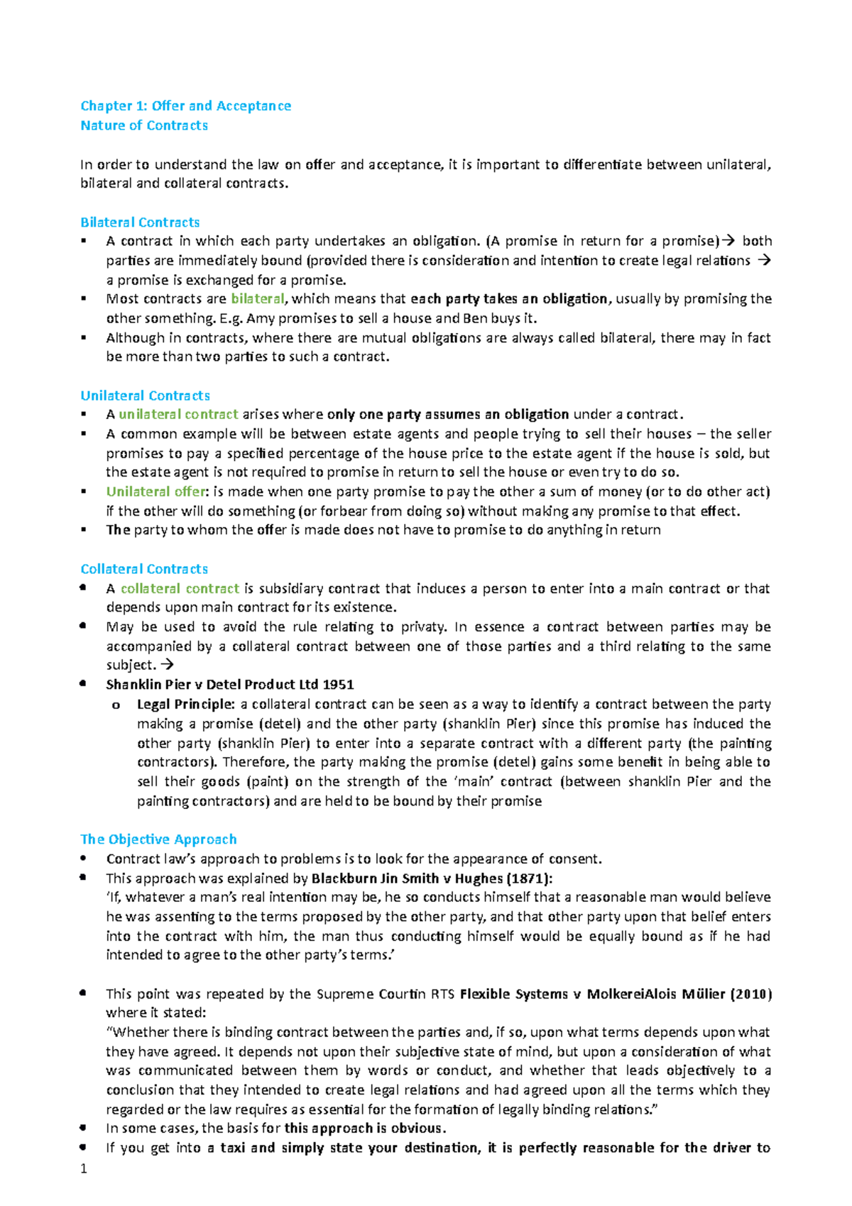 Notes Contract Final UNI 1 to 4 - Chapter 1: Offer and Acceptance ...