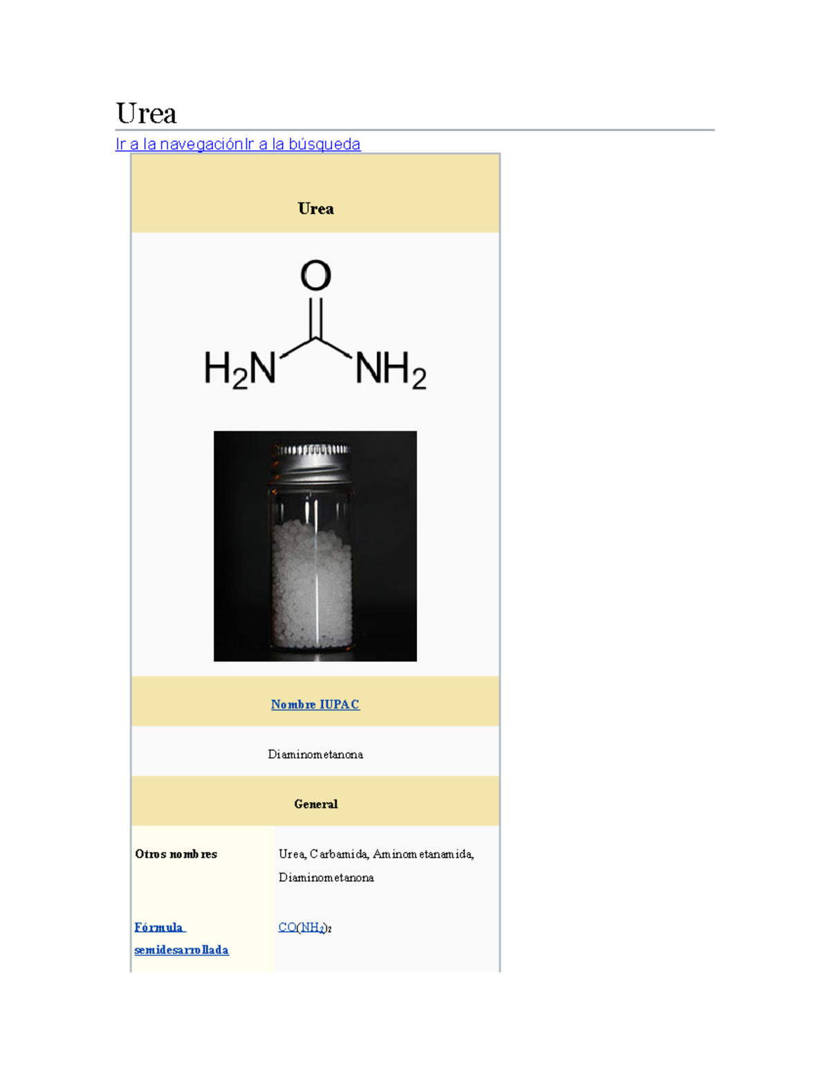 Urea Urea Ir a la navegación Ir a la búsqueda Urea Nombre IUPAC