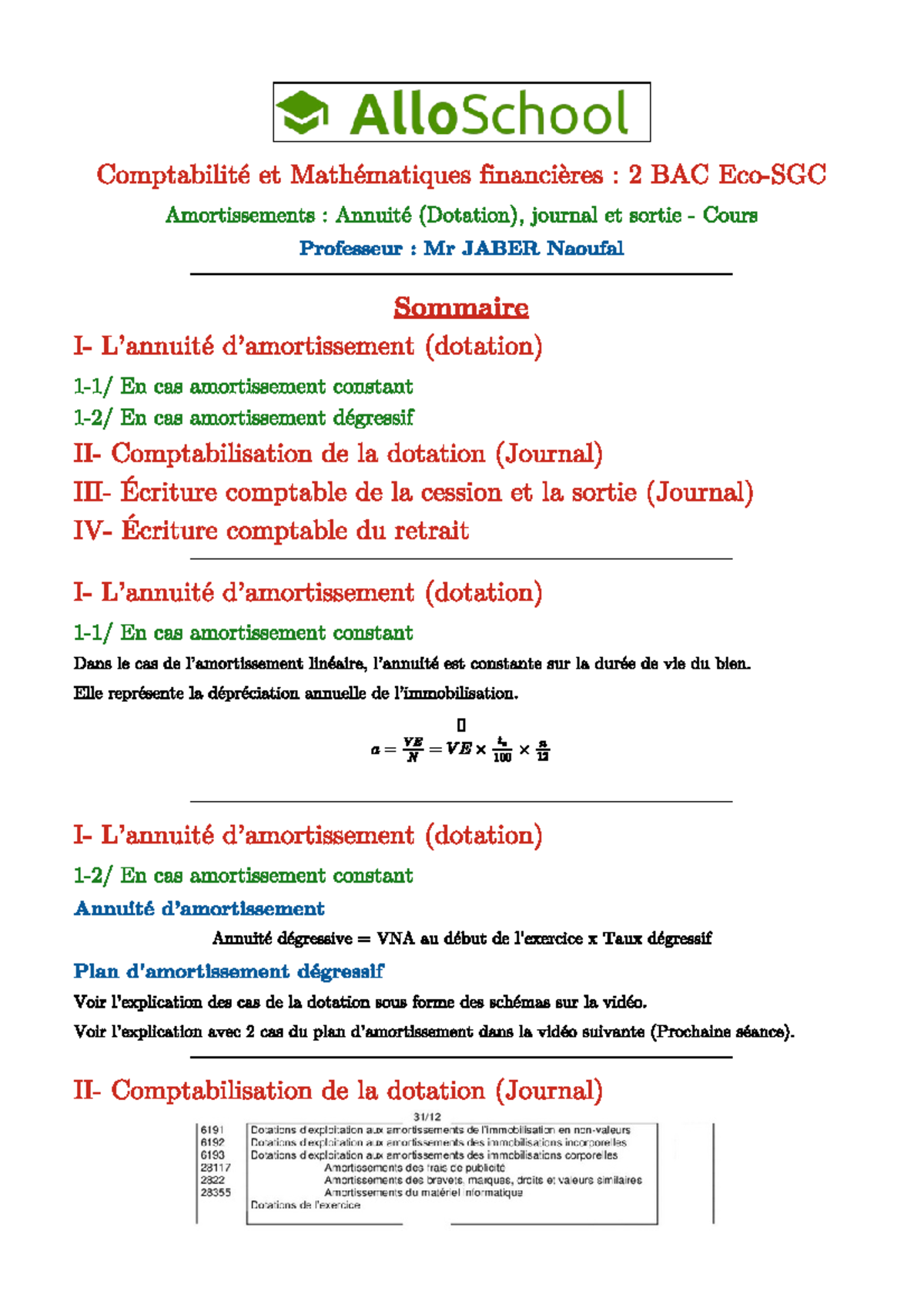 Amortissements annuite dotation journal et sortie cours - économie ...