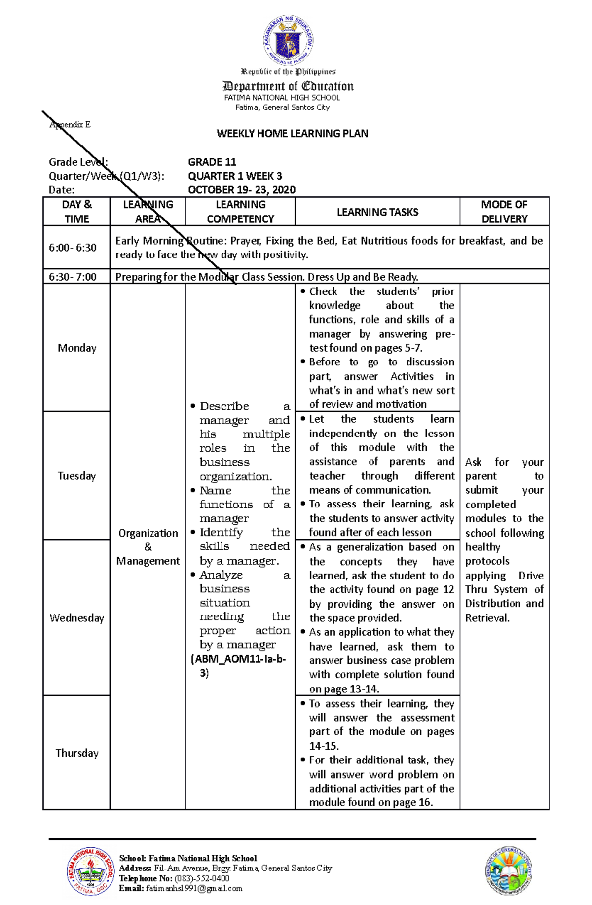 ORG&MNGT WHLP WEEK 3 - WEEKLY HOME LEARNING PLAN Grade Level: GRADE 11 ...