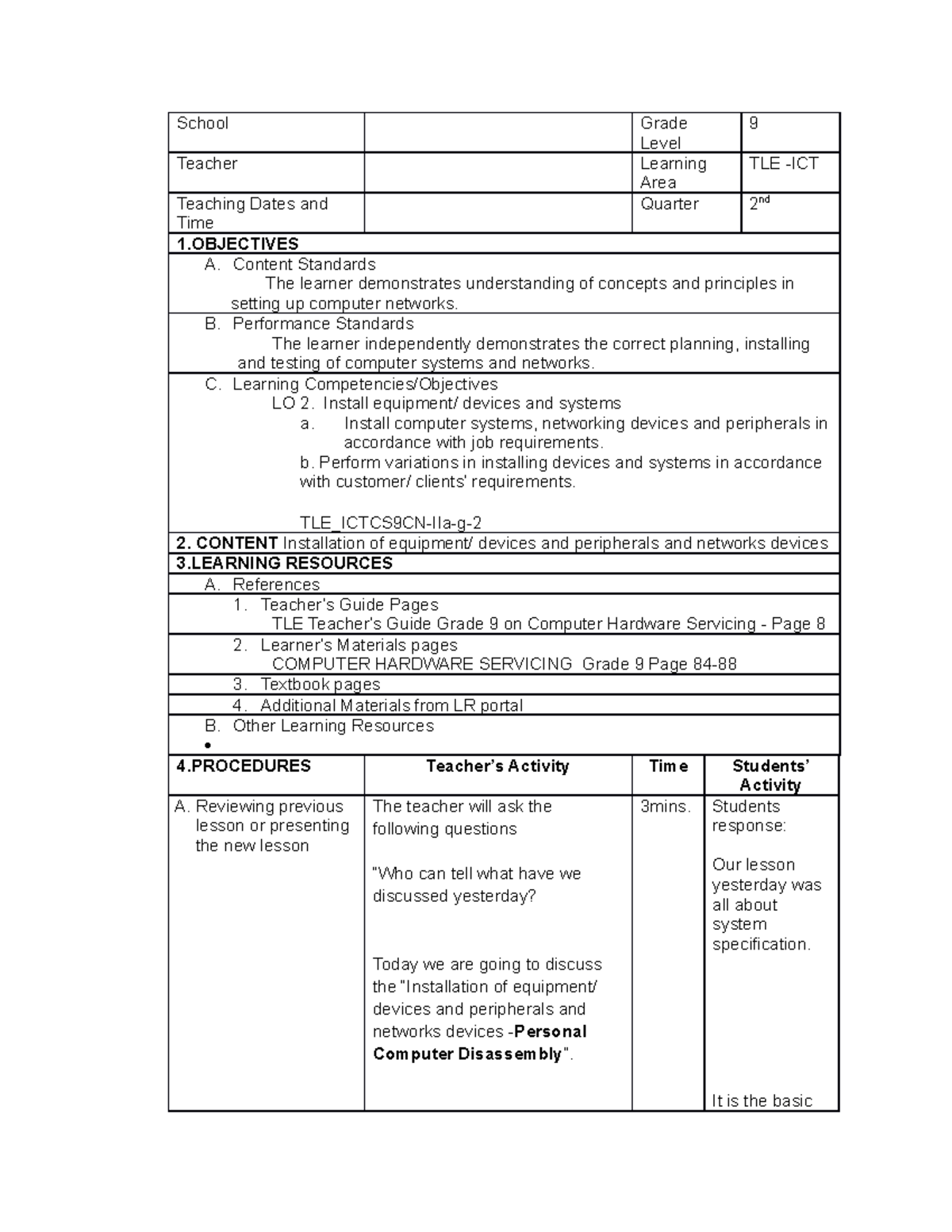 Lesson 2 PC Disassembly Grade 9 ICT - School Grade Level 9 Teacher ...