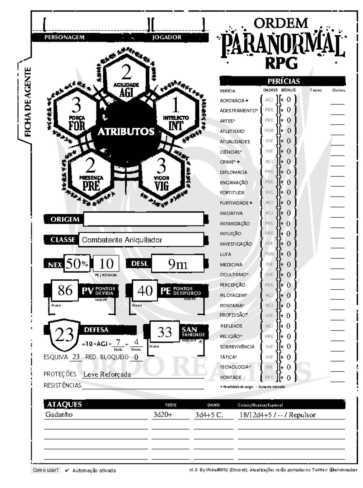 Build Ceifador Combatente - Ordem Paranormal RPG - FICHA DE AGENTE ...