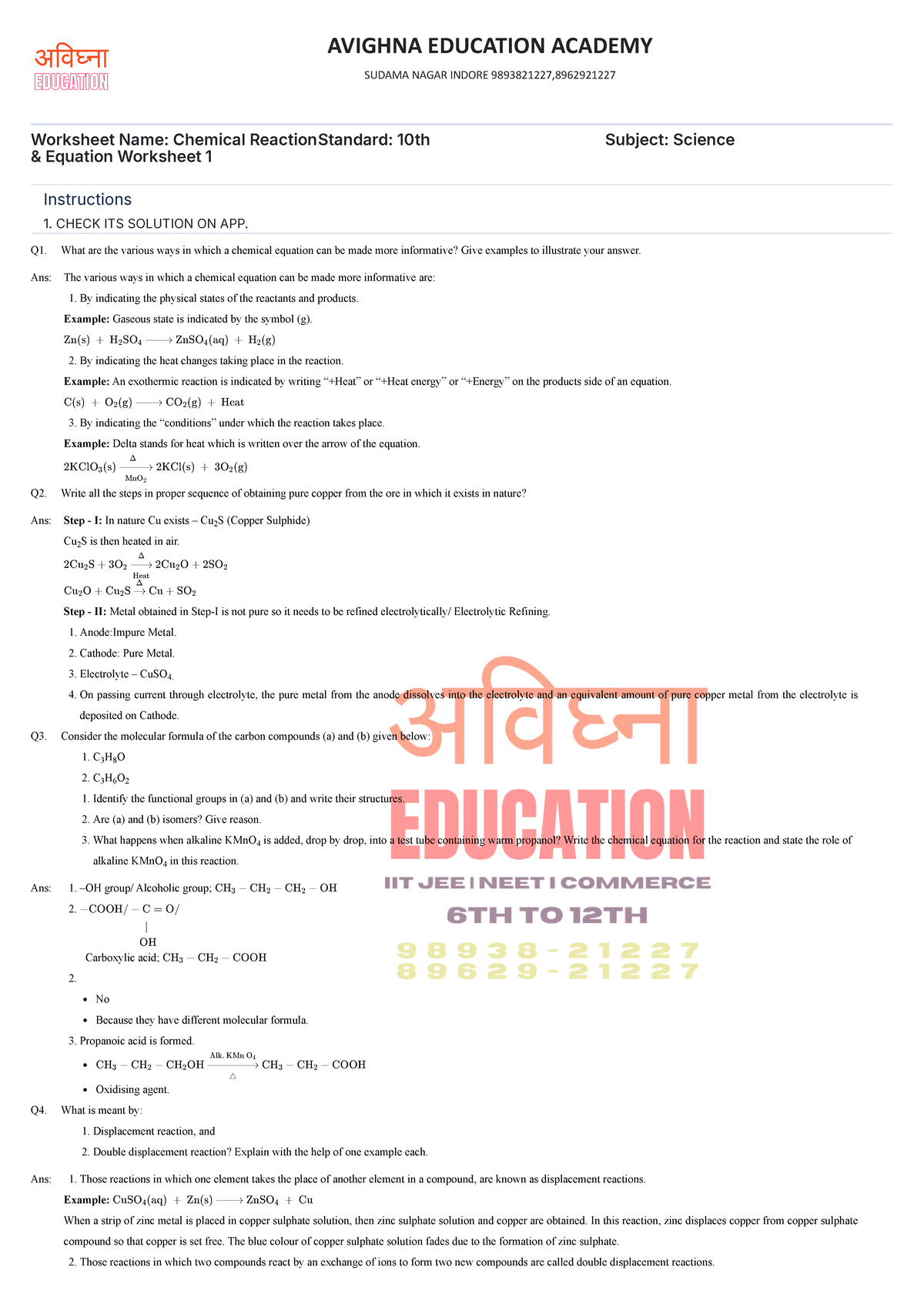 Chemical reactions and equations worksheet solution 1 - Q1. What are ...