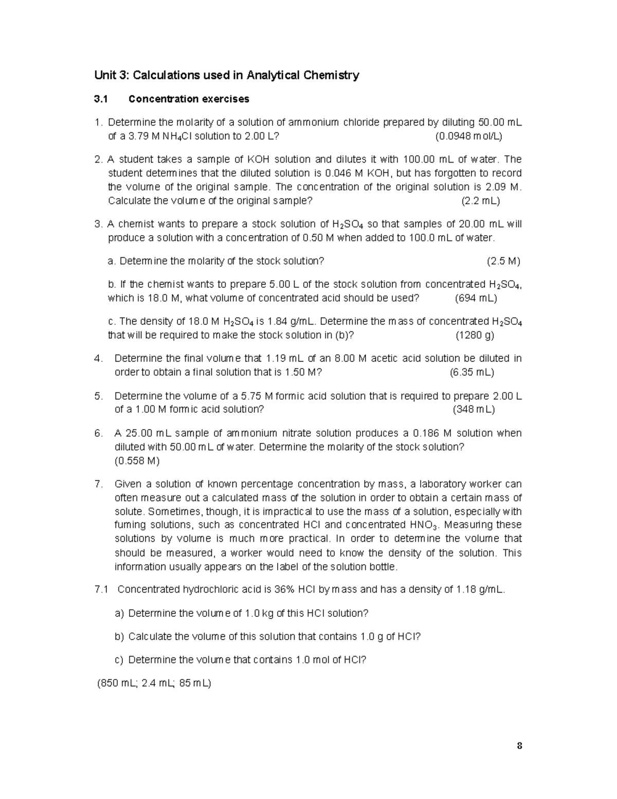 Tutorial problems Unit 3 - Unit 3: Calculations used in Analytical ...
