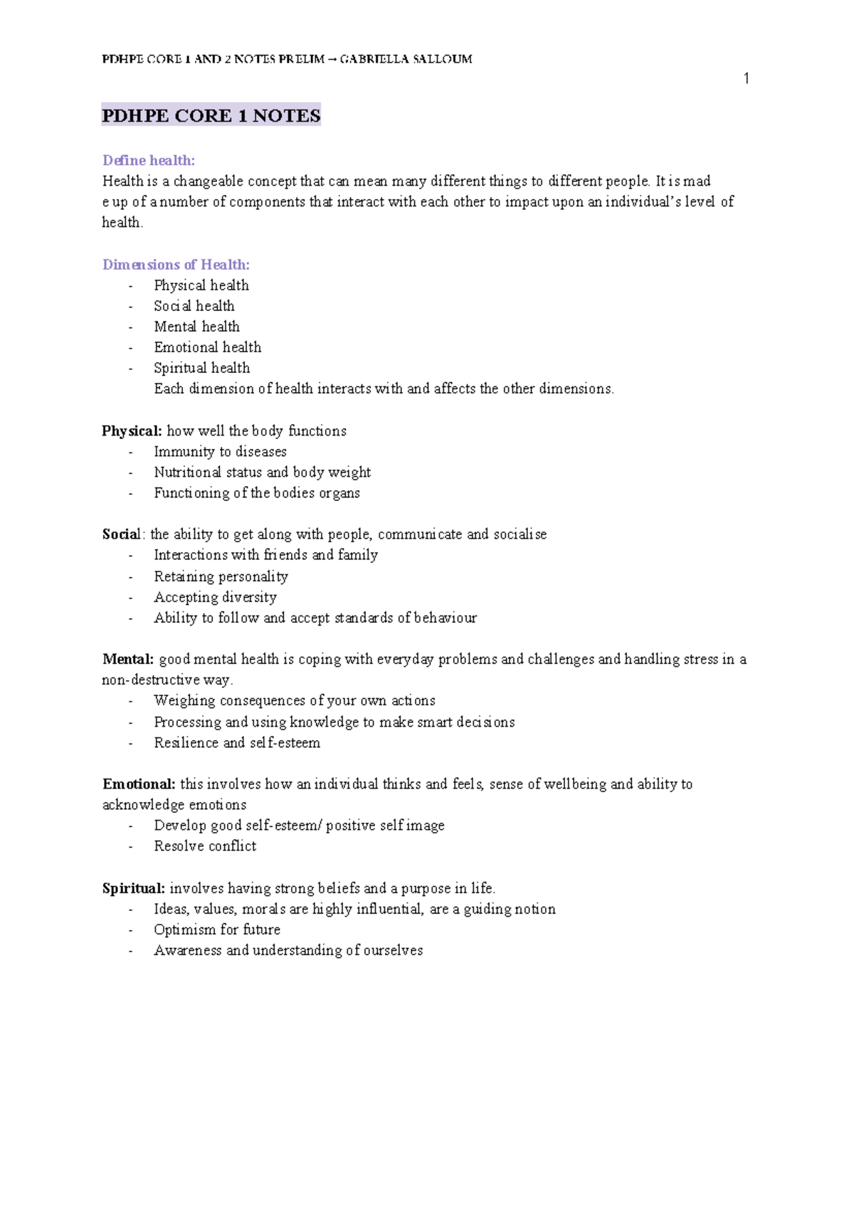 PDH Prelim Notes - 1 PDHPE CORE 1 NOTES Define health: Health is a ...
