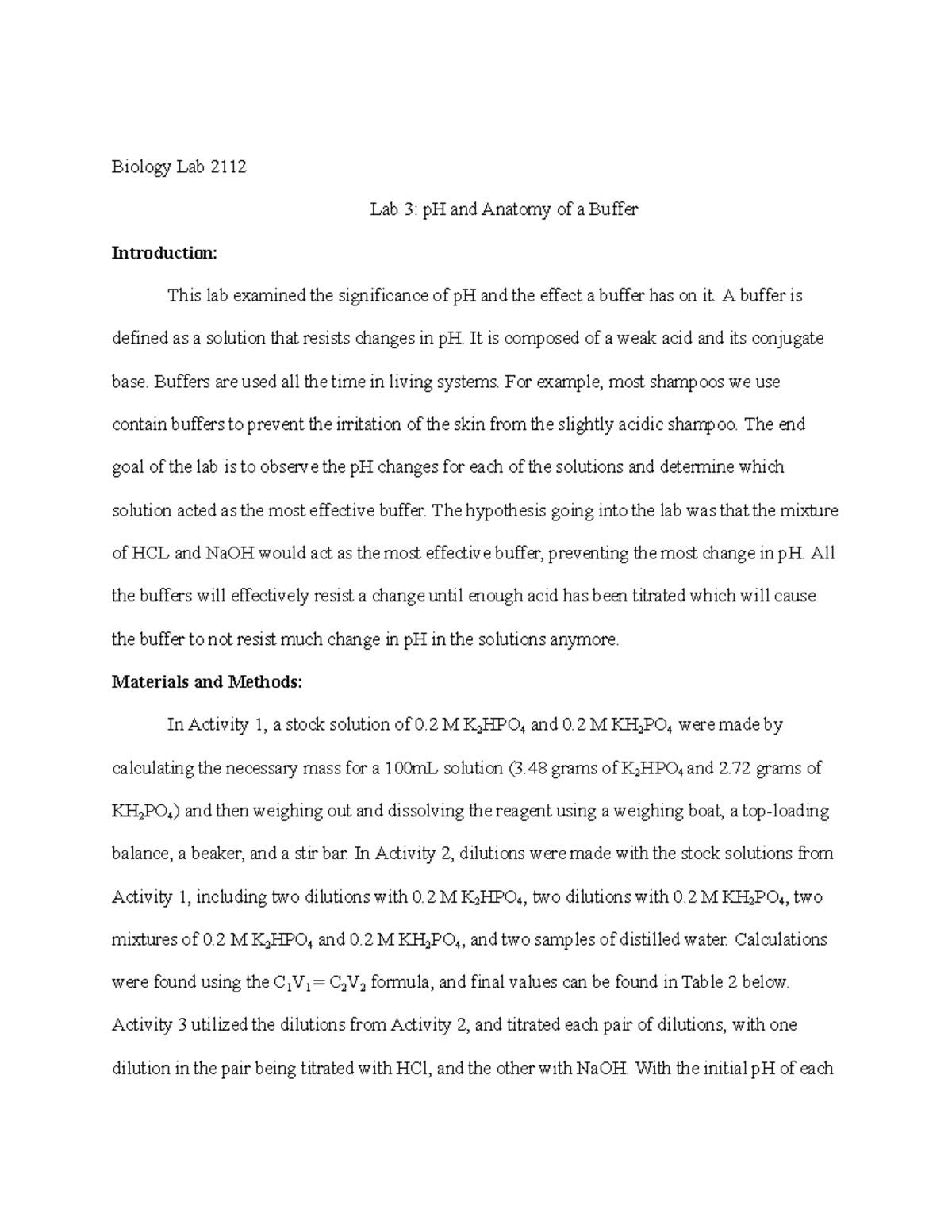 LAB 3 p H and Anatomy of a Buffer Biology Lab 2112 Lab 3 pH and