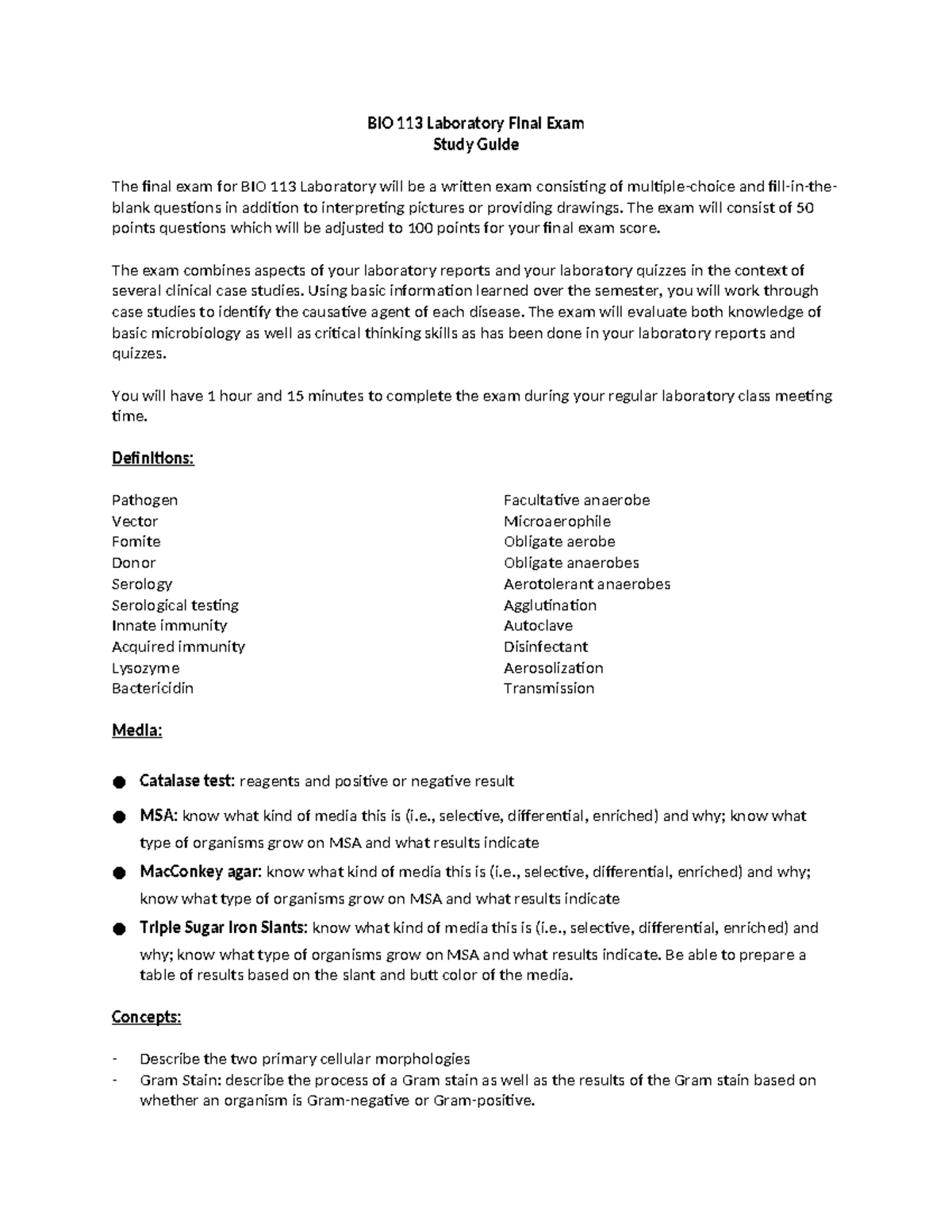 BIO 113 Laboratory Final Exam Study Guide - The exam will consist of 50 ...