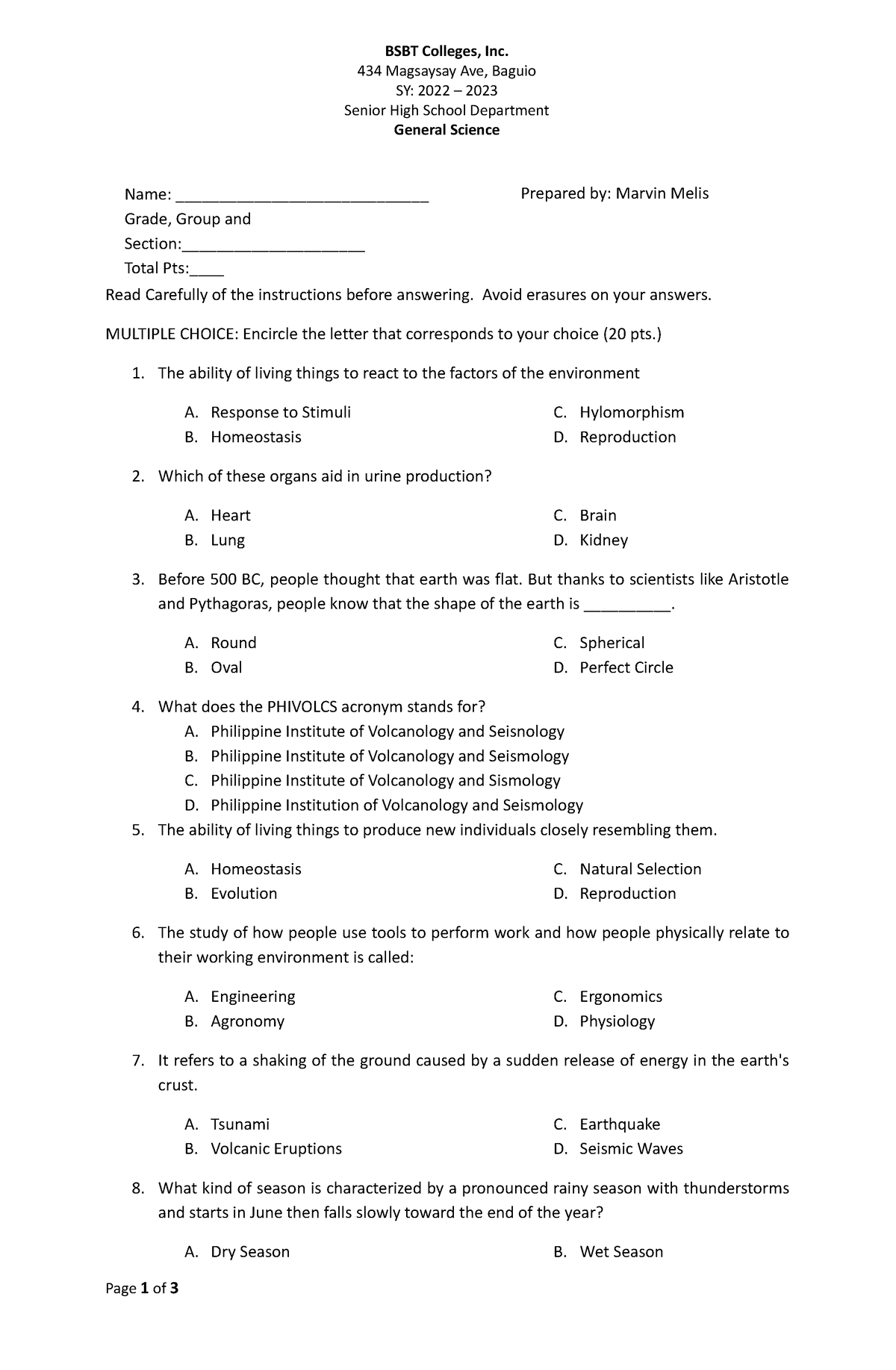 General science - Read Carefully of the instructions before answering ...