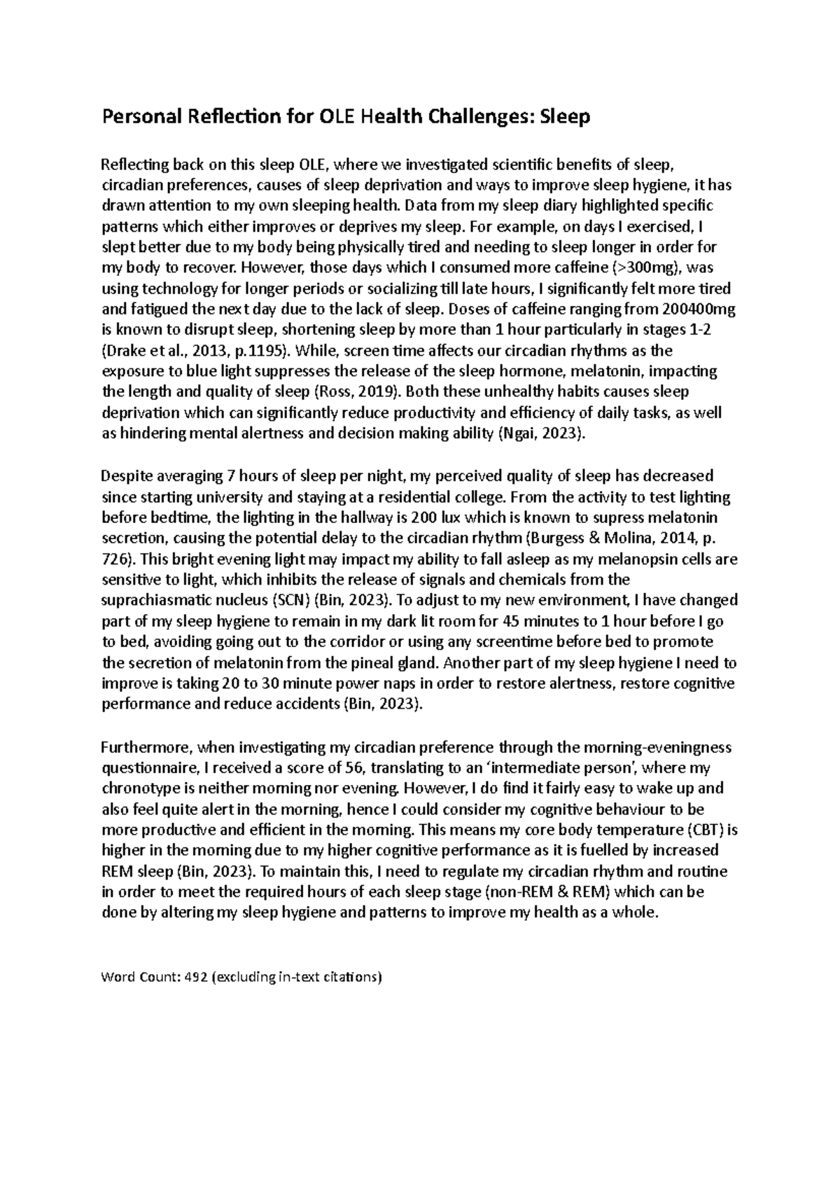 Personal Reflection - Data from my sleep diary highlighted specific pa ...