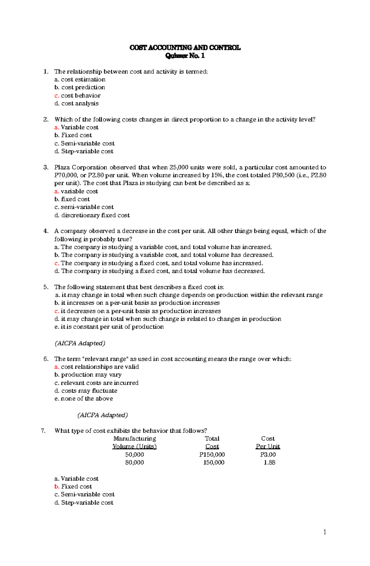 COST Quizzer No. 1 - COST ACCOUNTING AND CONTROL Quizzer No. 1 The ...
