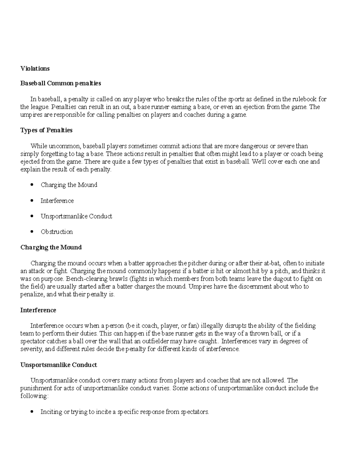 Violations and othe for pe Violations Baseball Common penalties In