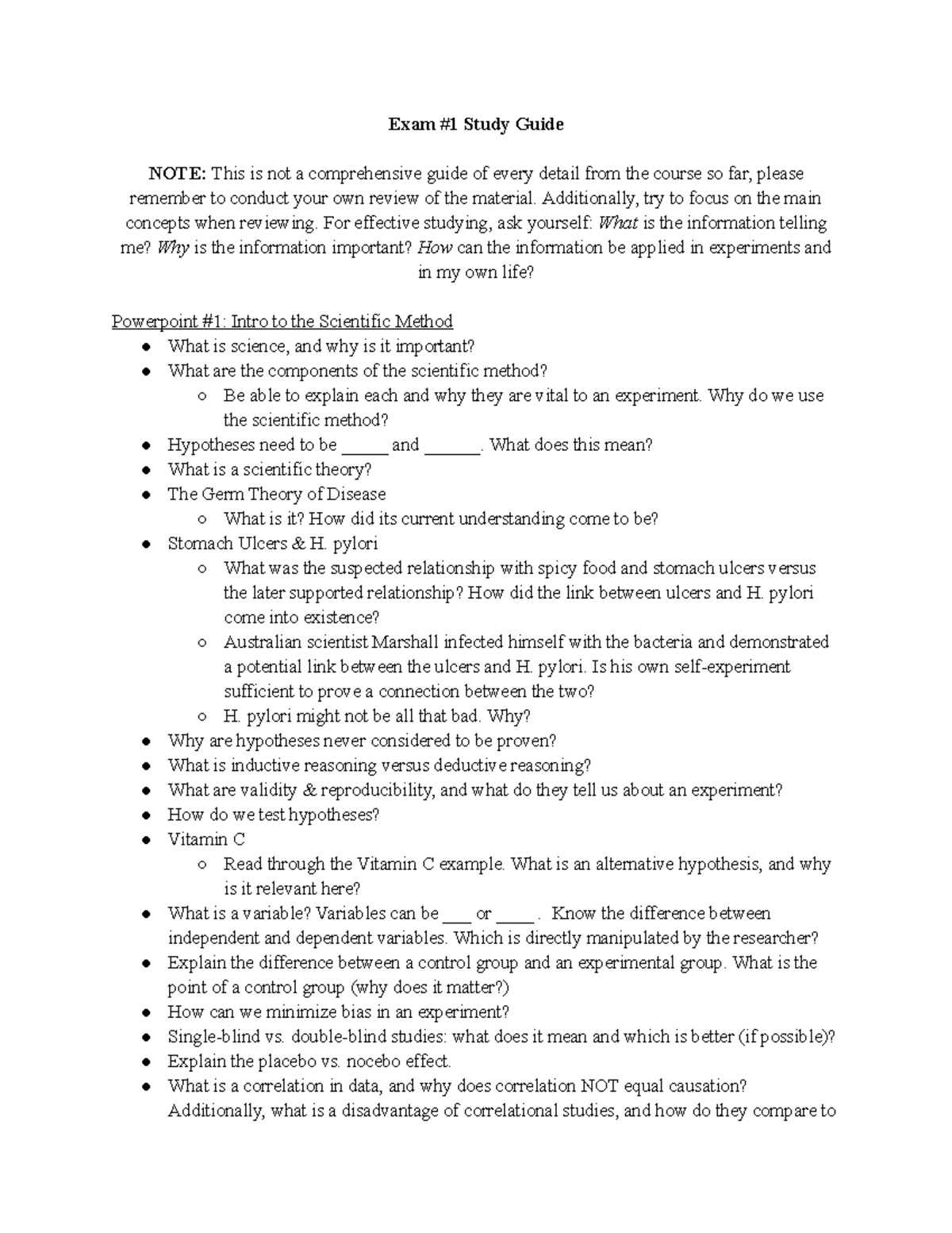 Exam #1 Study Guide - Exam #1 Study Guide NOTE: This Is Not A ...