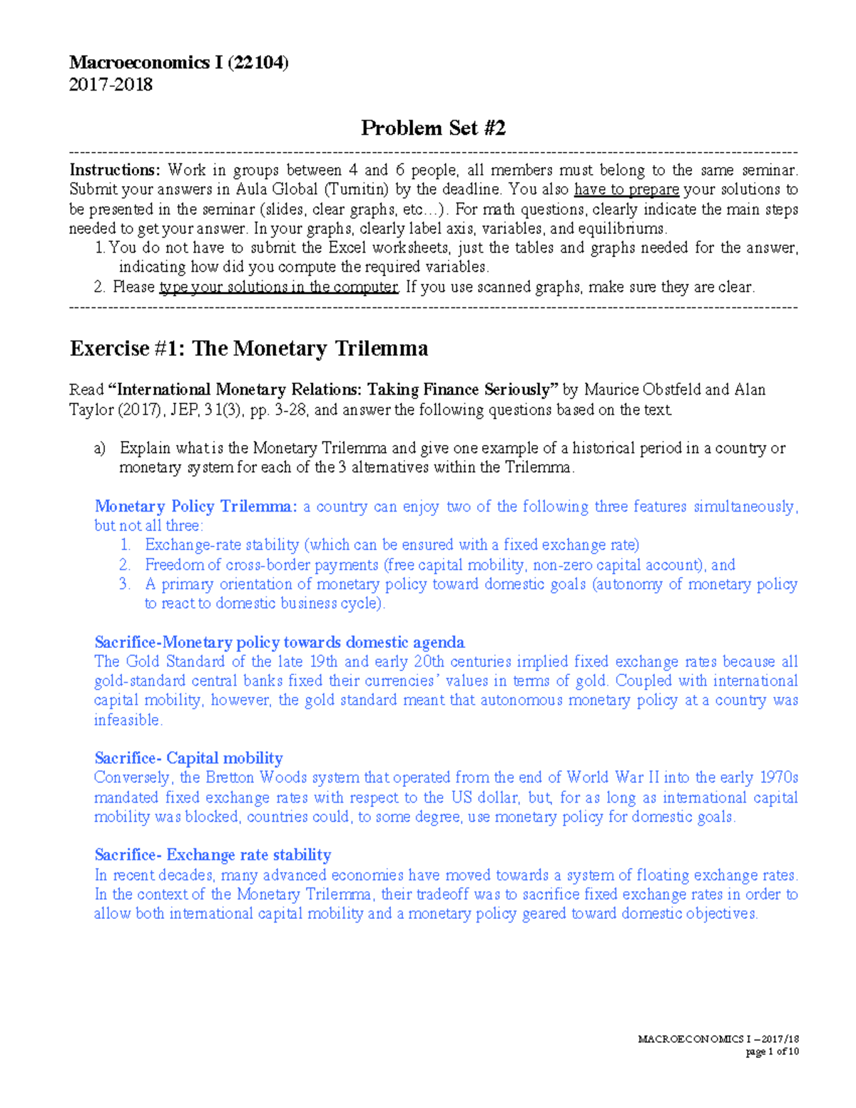 Problem Set 2 Solutions - MACROECONOMICS I – 2017/ page 1 of 10 ...