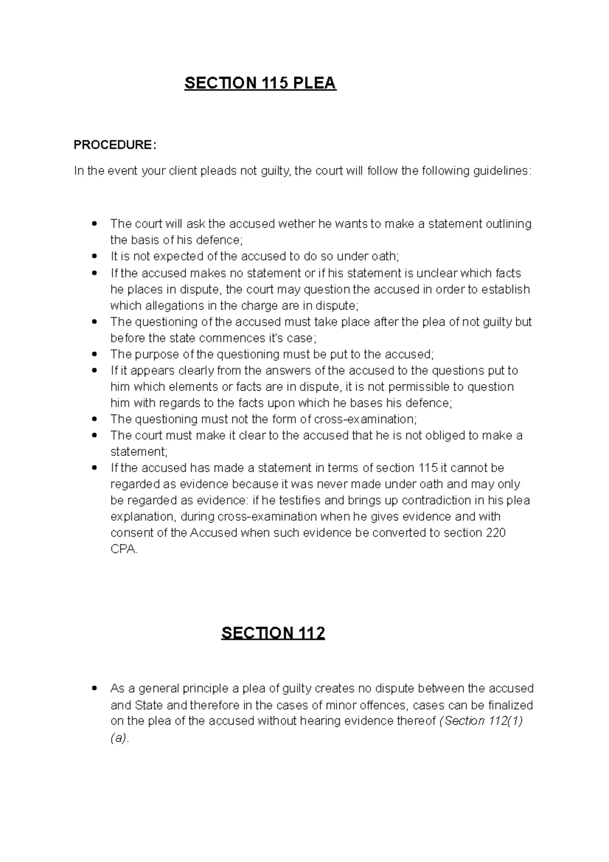 Section 115 PLEA 1 SECTION 115 PLEA PROCEDURE In The Event Your