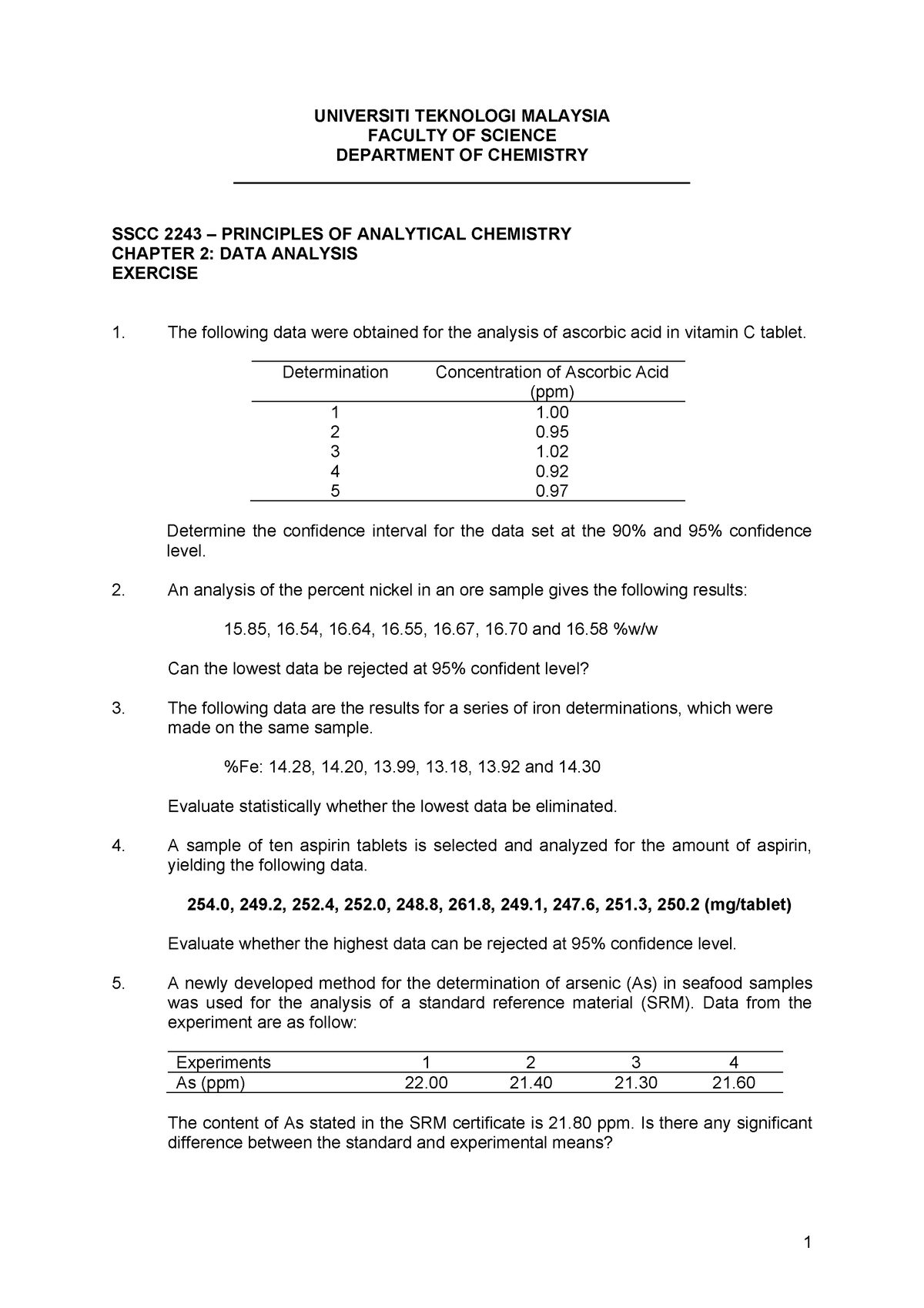 Chapter 2 DATA Analysis - Exercise - 1 UNIVERSITI TEKNOLOGI MALAYSIA ...