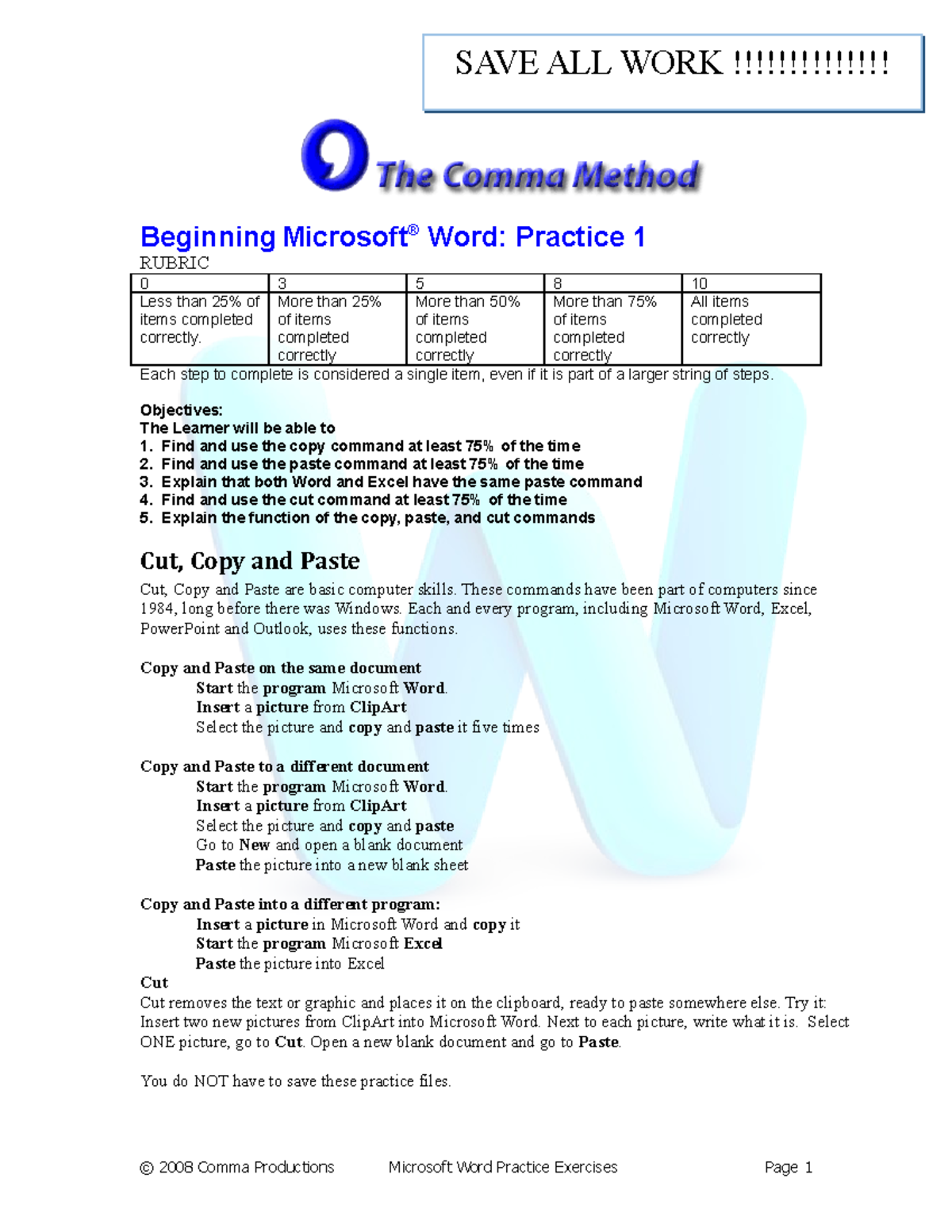 WORD Basics Assignment - Beginning Microsoft ® Word: Practice 1 RUBRIC ...