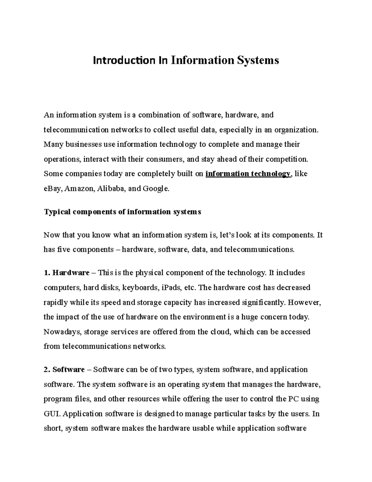 Introduction In Information Systems - Many businesses use information ...