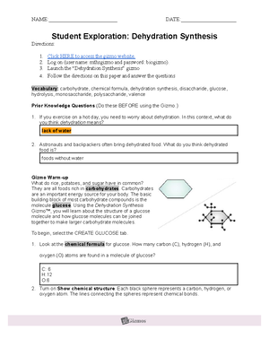 Dehydration Synthesis Gizmo - Name: REDACTED Date: 2/17/ Student ...