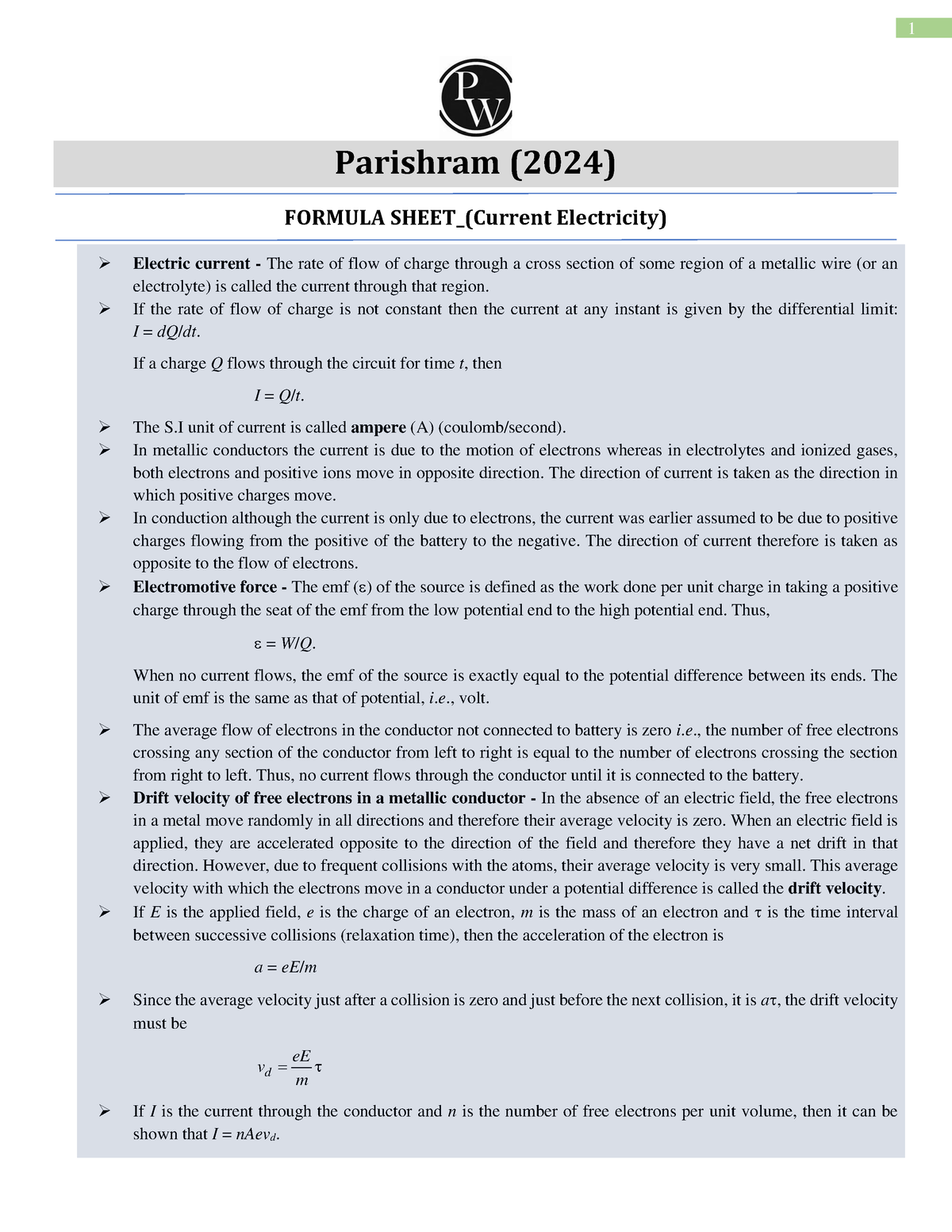 Current Electricity Formula Sheet Parishram 2024 Parishram (2024