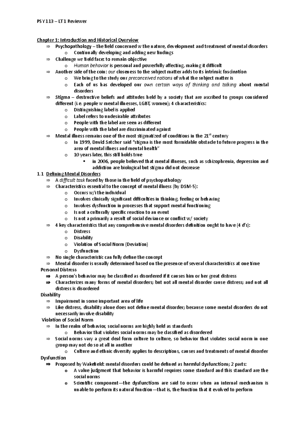 Kring Chapters 1 - 3 Reviewer - PSY 113 – LT 1 Reviewer Chapter 1 ...