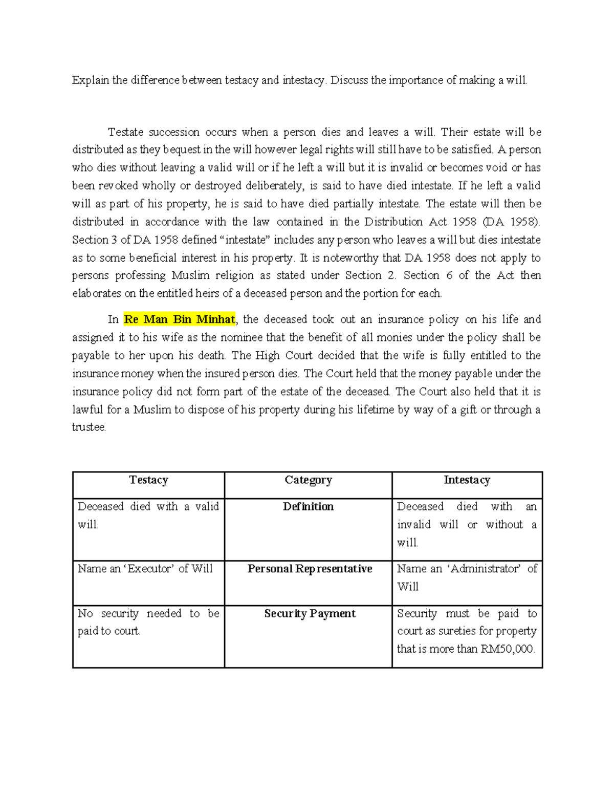 Tutorial 1 Week 2 Term 2023/24- Testacy and Intestacy - Explain the ...