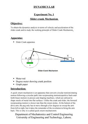 Slider Crank Dynamics Lab Experiments Uet Lahore Studocu - 