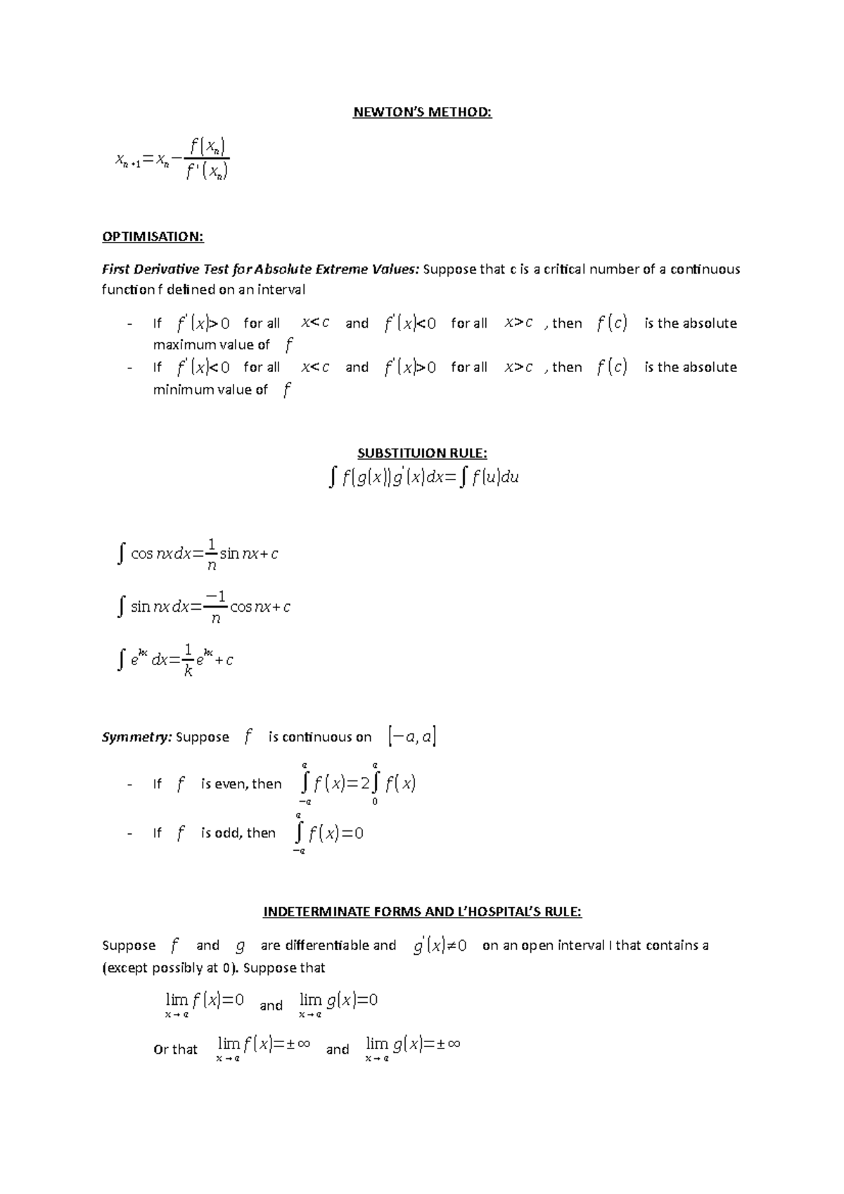 Maths - NEWTON’S METHOD: xn+ 1 =xn− f(xn) f '(xn) OPTIMISATION: First ...