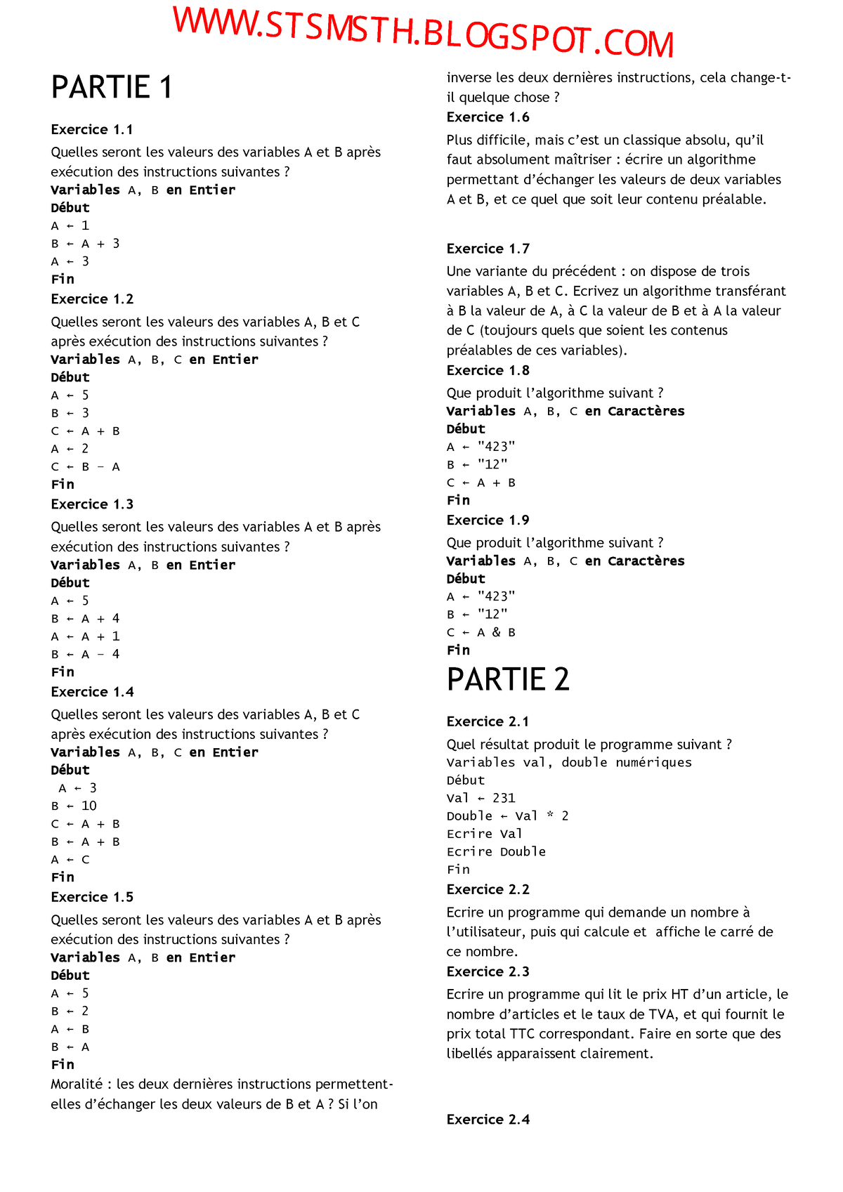 Ex Algorithme (Programmation) - PARTIE 1 Exercice 1. Quelles Seront Les ...