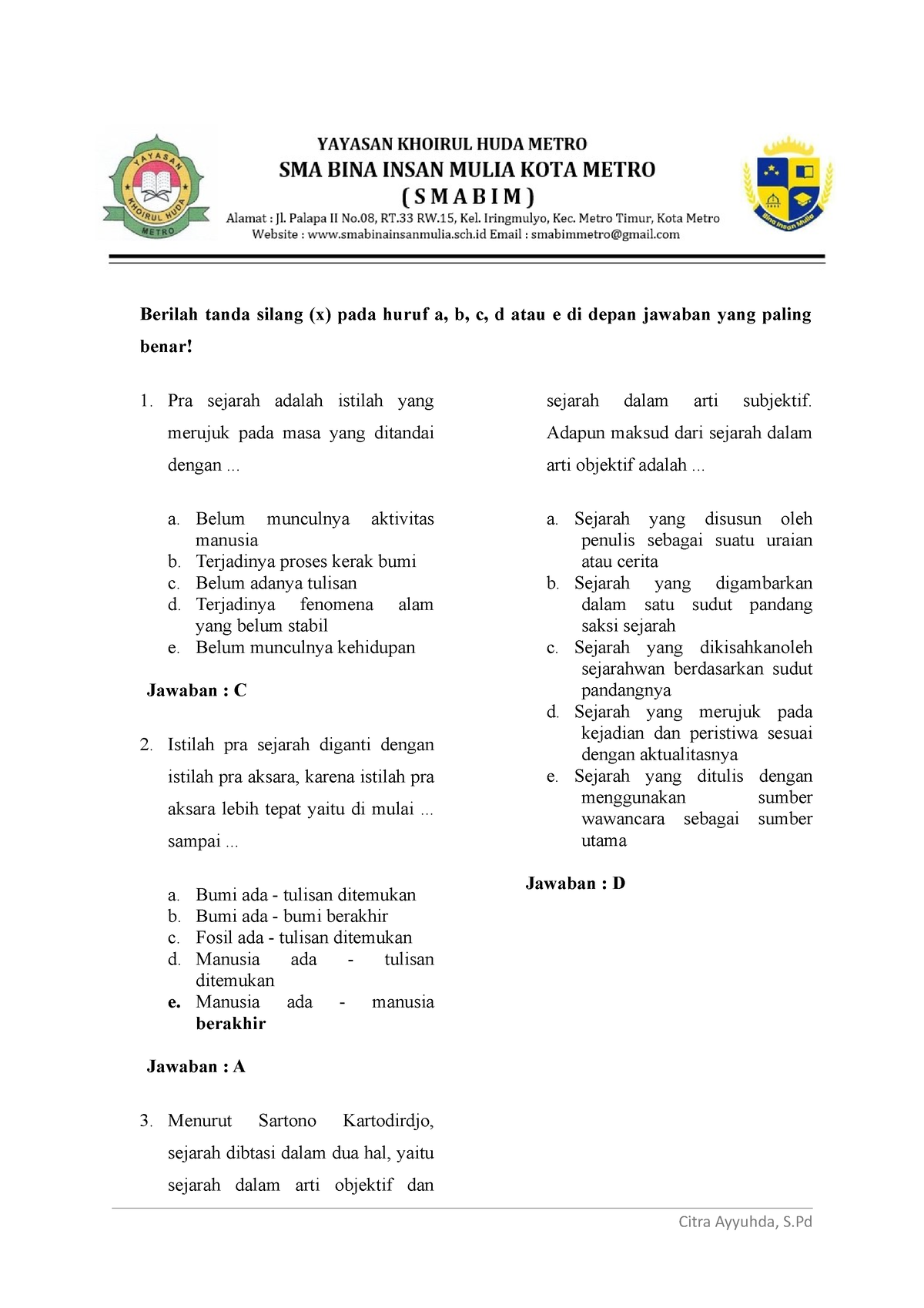 Smabim - SOAL PTS Sejarah Semester 1 Kelas X - Berilah Tanda Silang (x ...